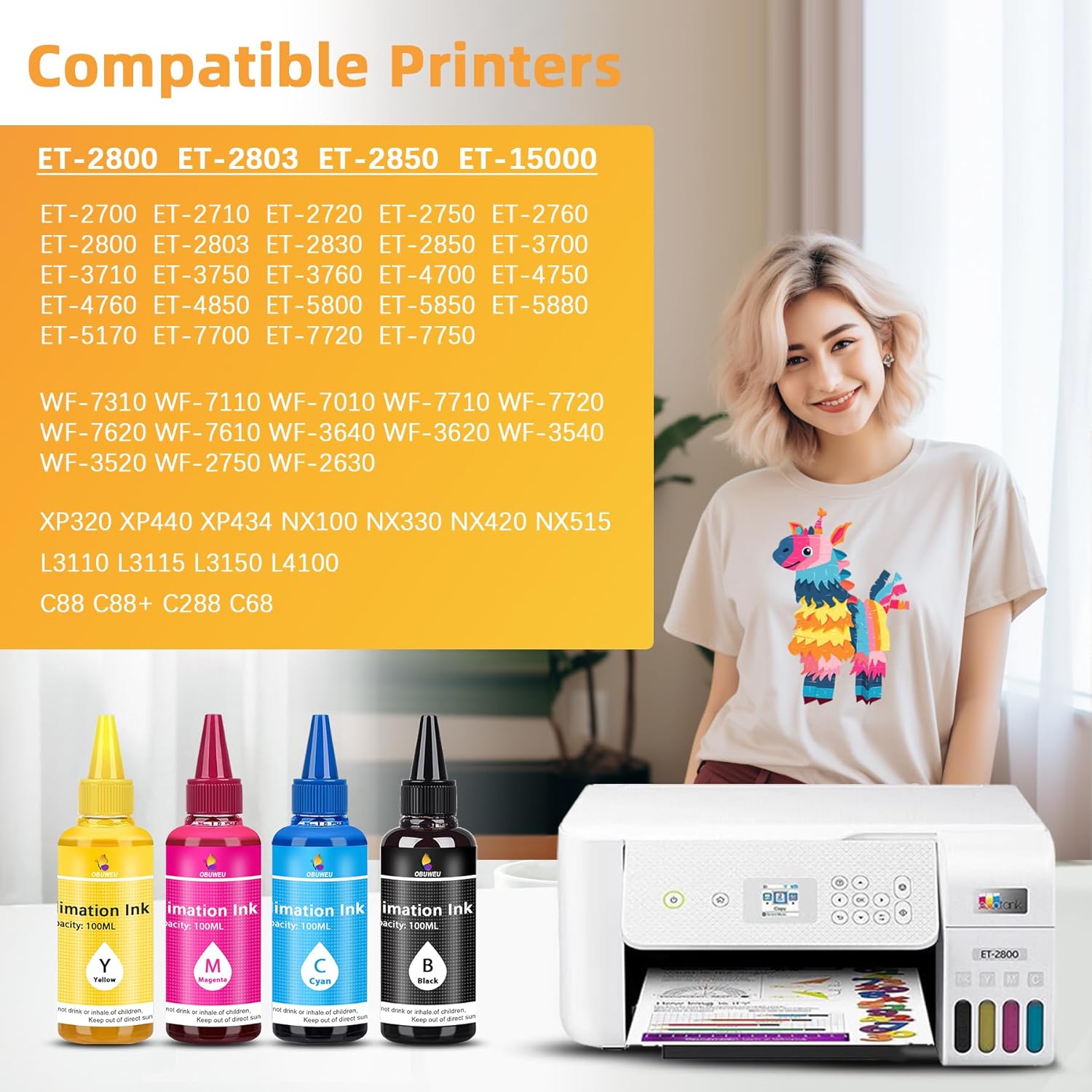 Sublimation Ink Refilled Bottles with Heat Tape Refill for Epson Ecotank 2800 ET2803 WF7710 ET2760 ET2720 ET15000 ET8550 ET2850 ET4800 Inkjet Printers Heat Press Transfer on Mugs T-Shirts 100ml x 4