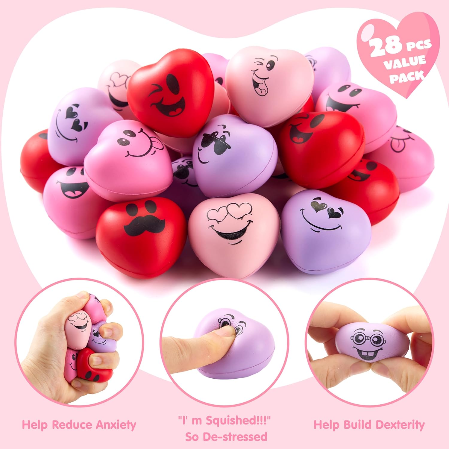JOYIN 28 Pcs Valentine’s Day Heart Shape Stress Ball with Cards Stress Relief Fidget Toy for Valentine Party Favors, Classroom Prize Supplies, Valentine’s Greeting Cards, Valentine Exchange Gifts