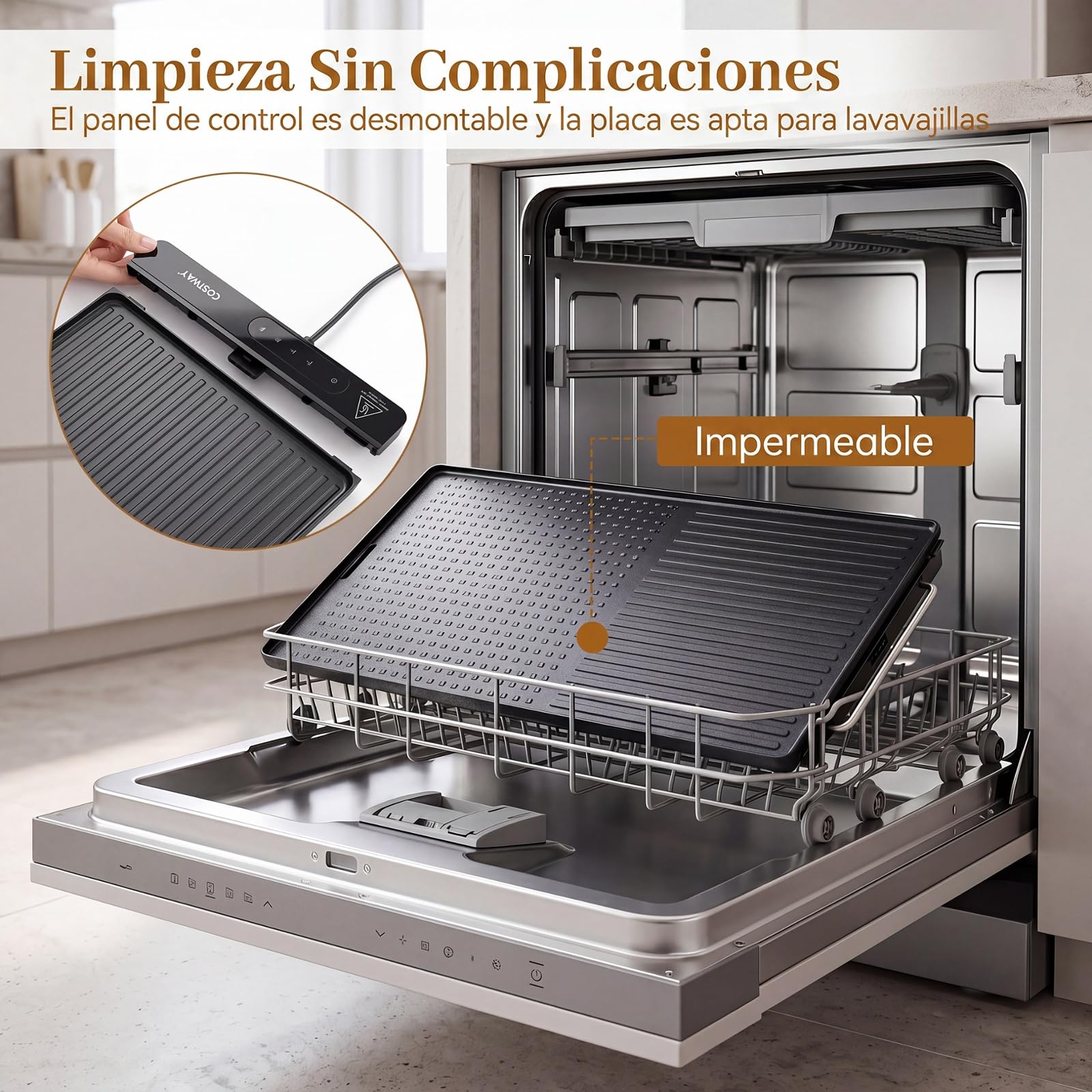 COSTWAY Plancha Eléctrica 1500 W, 60 x 28cm, Temperatura Ajustable | Parrilla Cocina con Antiadherente Extraíble, Asas Frías al Tacto y Patas Plegables, para Hogar, Picnic