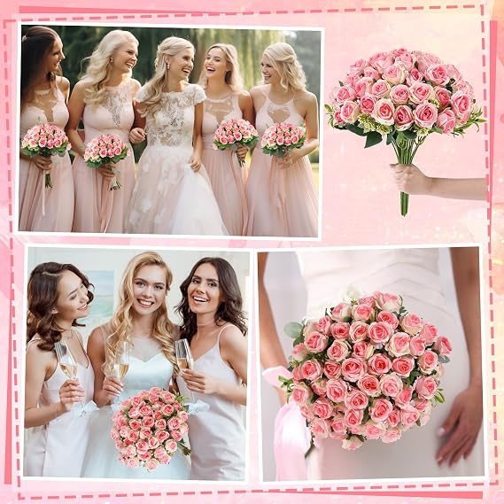 saerryor 60Pcs Pink Artificial Roses, 10 Roses per Bunch Realistic Wedding Bouquet Suitable for Home Décor Weddings Birthday Parties and Other Occasions
