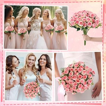 saerryor 60Pcs Pink Artificial Roses, 10 Roses per Bunch Realistic Wedding Bouquet Suitable for Home Décor Weddings Birthday Parties and Other Occasions