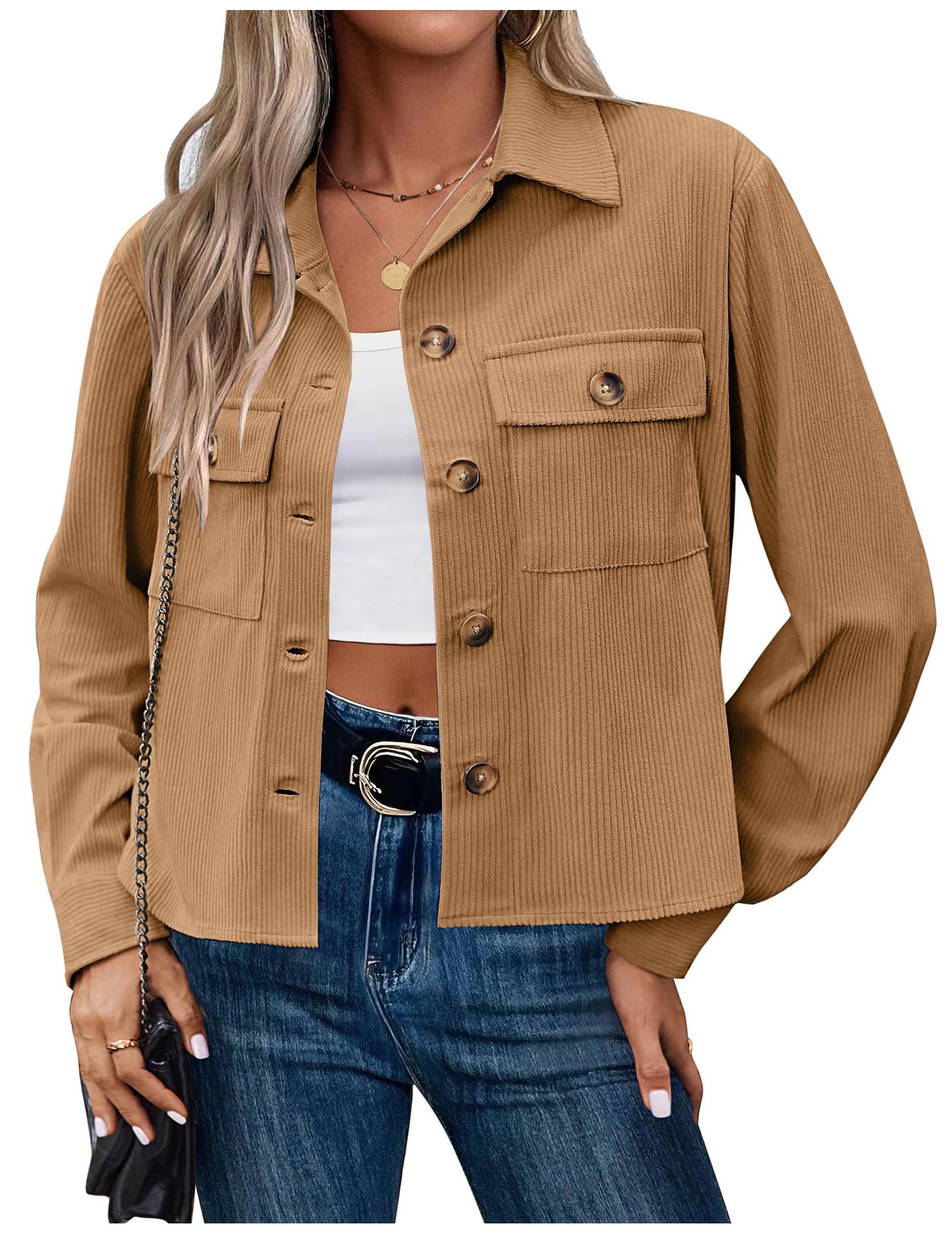 Veste Femme Velours Côtelé Mi-Saison Chemise-Veste Boutonné à Revers Manches Longues Blouson Court Poches Automne Printemps Surchemise Chic Décontractée Coupe Légère Confortable Quotidien