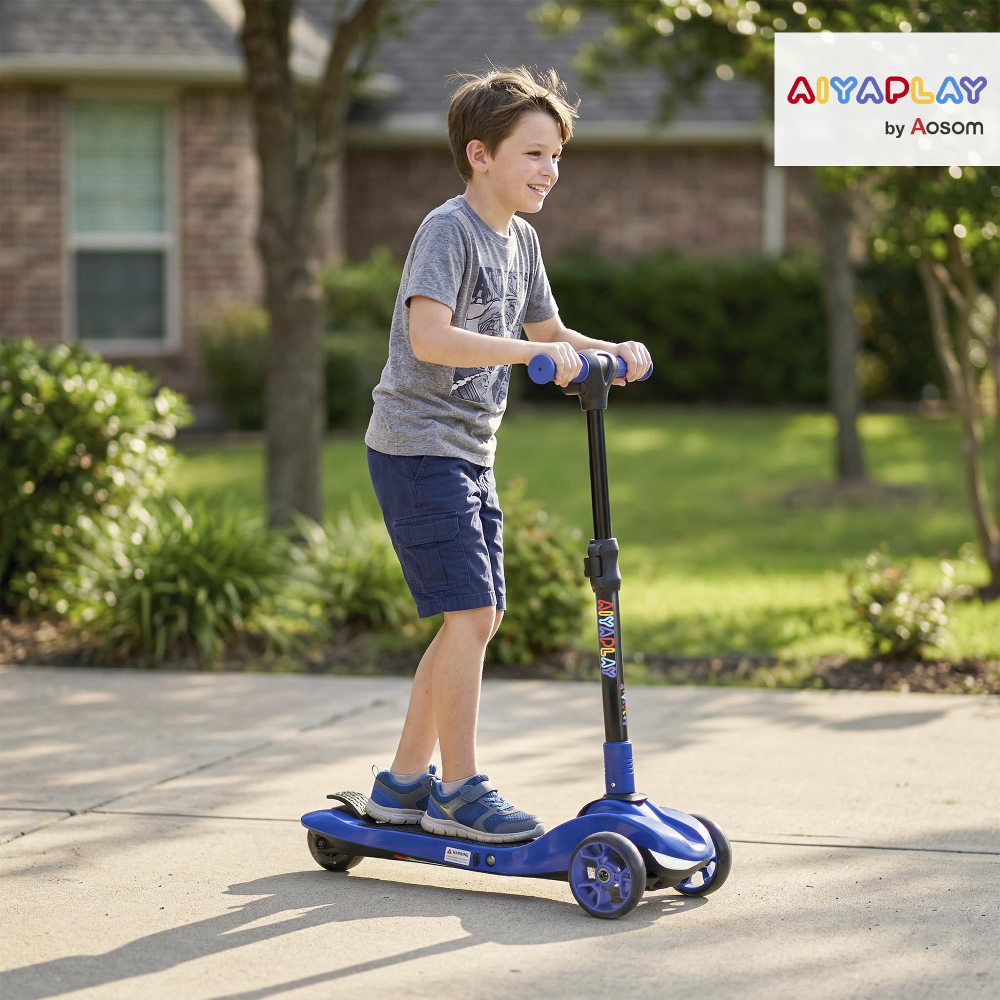 AIYAPLAY Patinete eléctrico para niños Plegable, Patinete eléctrico 6+ Años, 3 Ruedas, arranque cero, velocidad máxima 8 km/h, luces LED coloridas, autonomía 8 km, freno de pie, azul