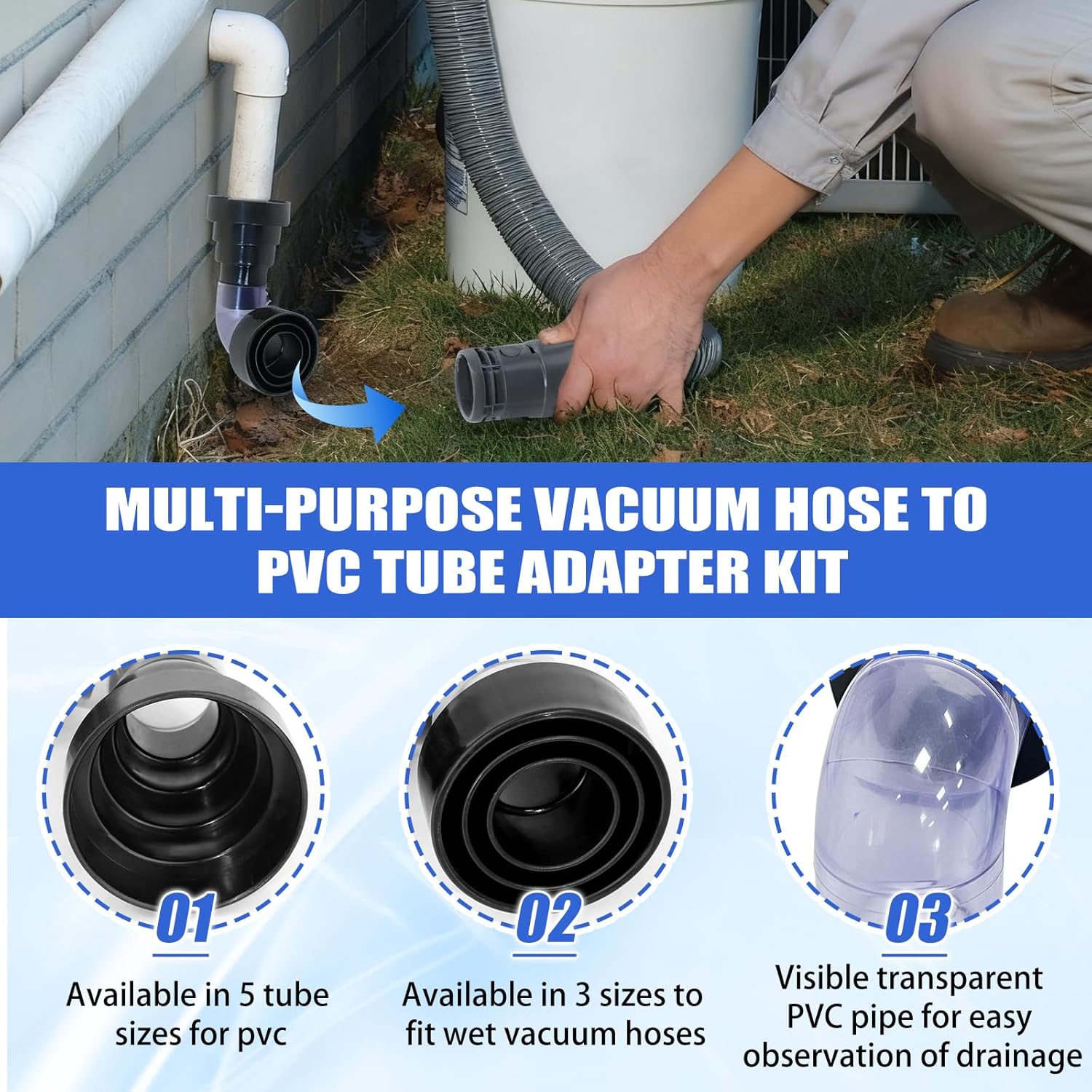 AC Drain Line Cleaner Tool with PVC Adapter kit, for Vacuum Hose 1-1/4", 1-7/8", 2-1/2" and Pipe Sizes 3/4", 1", 1-1/4", 1-1/2", 2