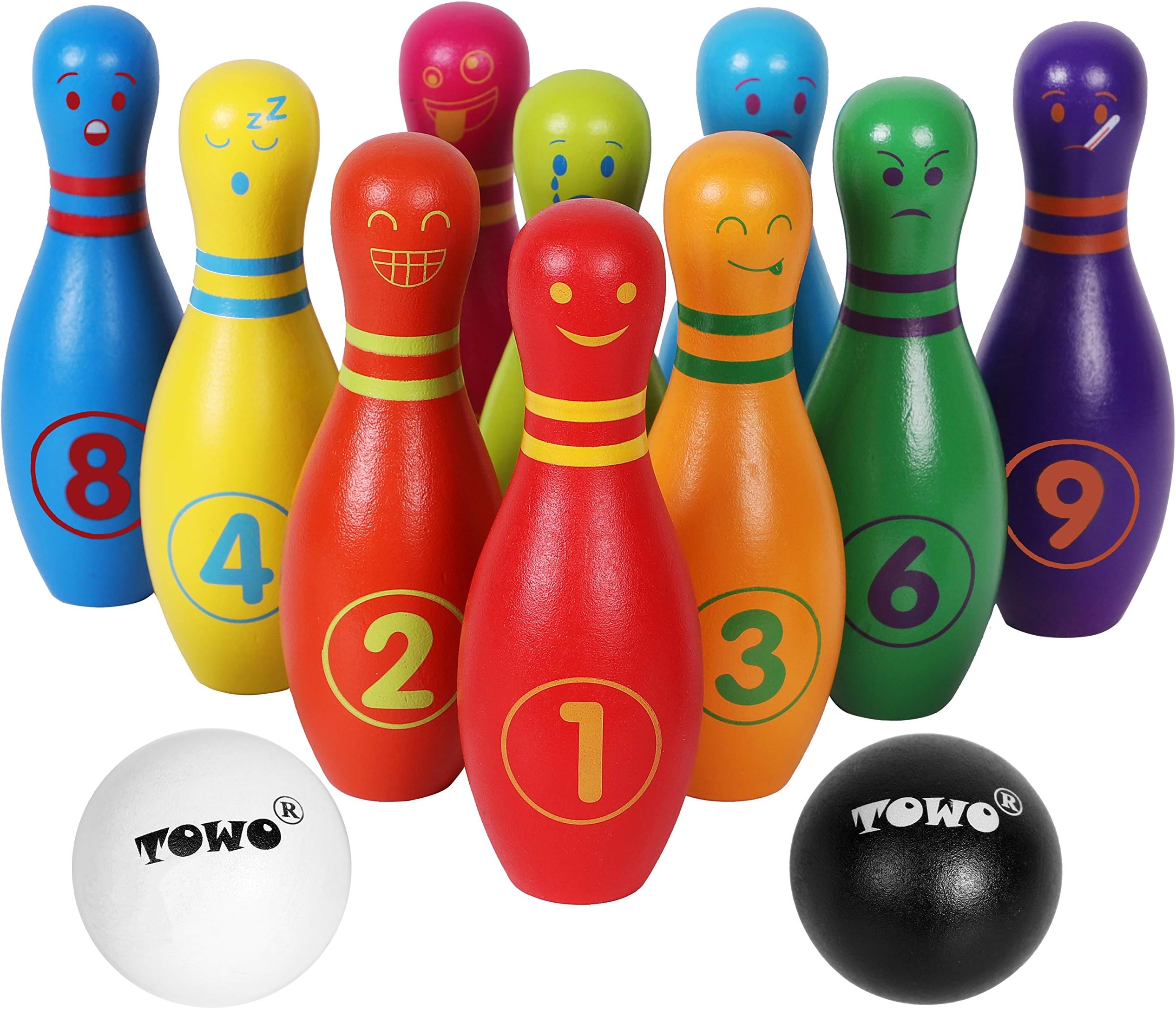 TOWO Wooden Skittles for Children - Skittle Set with 10 Facial Expressions and Numbers - 10 Pin Bowling Set for Kids Garden Toys- Wooden Toys for 2 Year Old