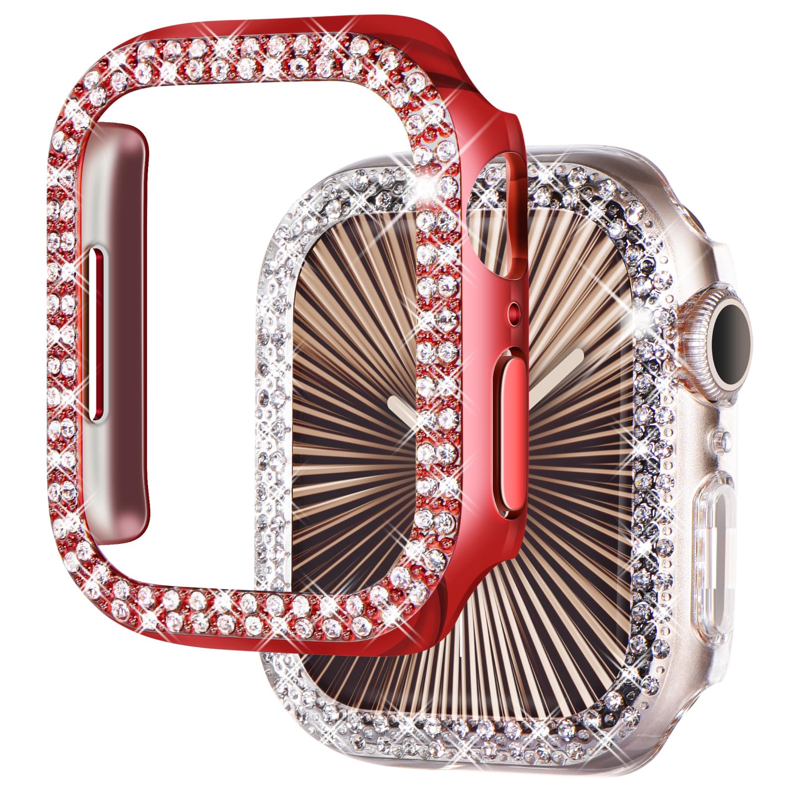 NewWays 2-Pack Luxury Bling Case for Apple Watch Series 11 10 46mm, Double Row Sparkling Crystals Premium Jewelry Bumper, Slim Protective Frame Cover for Women, Red/Clear