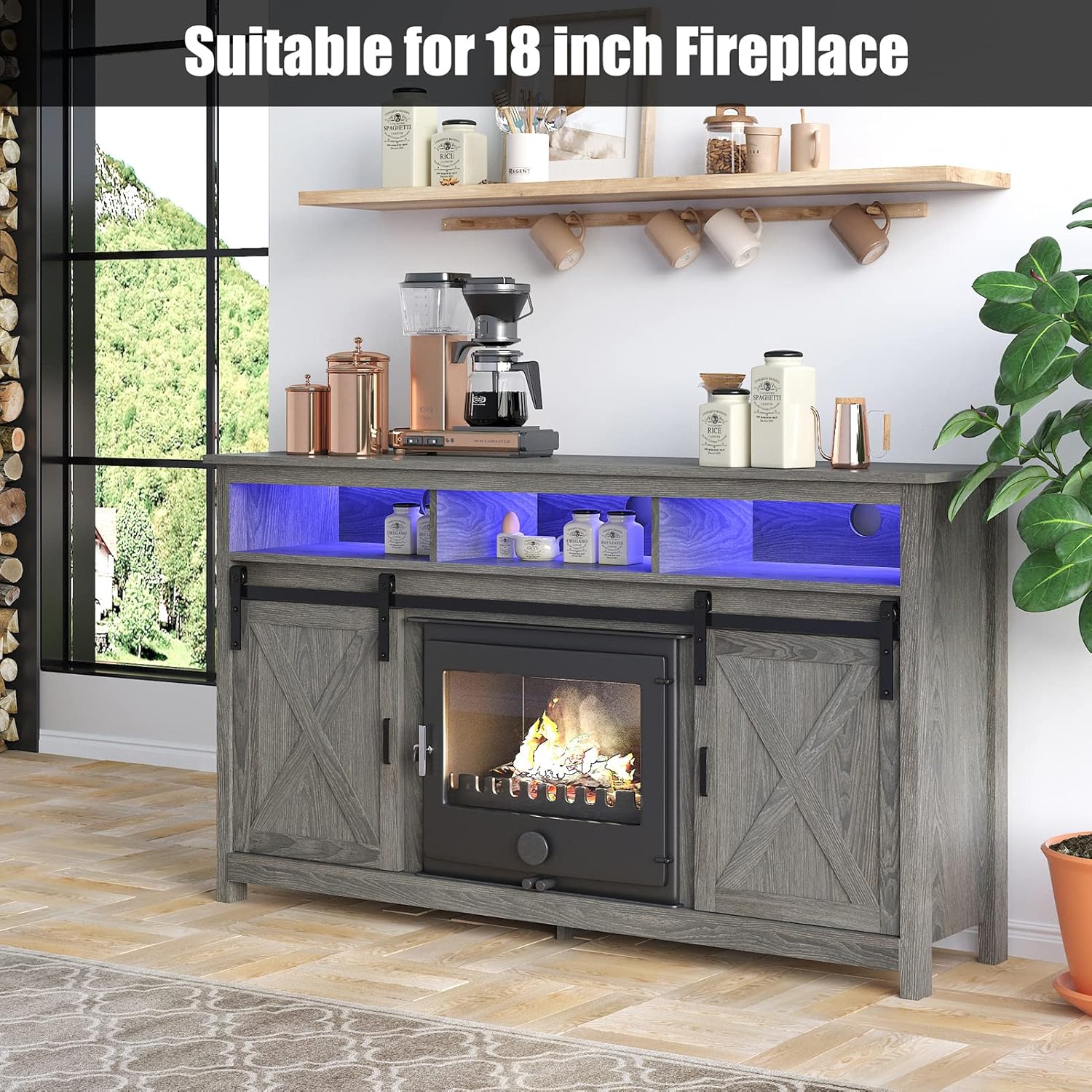 LED Farmhouse TV Stand for 65 inch TVs, Rustic Entertainment Center TV Cabinet Stands with Power Outlets, Wooden Sliding Barn Door TV Media Console Table Storage and Shelves Wash Grey