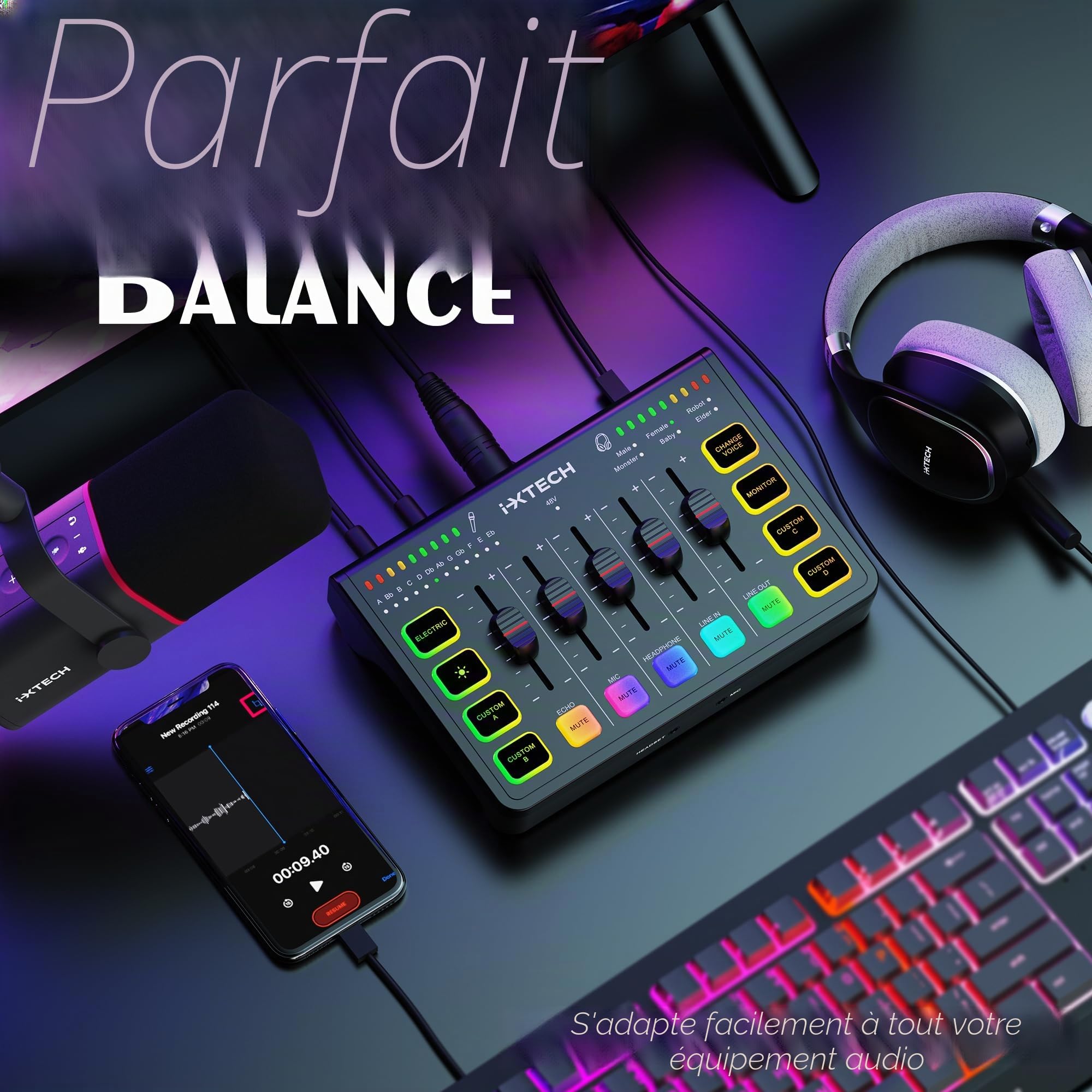 IXTECH Table de mixage audio de jeu 4 canaux, interface audio RVB pour PC avec prise en charge du microphone XLR, égaliseur audio pour jeu, podcast, streaming, karaoké, commandes de volume