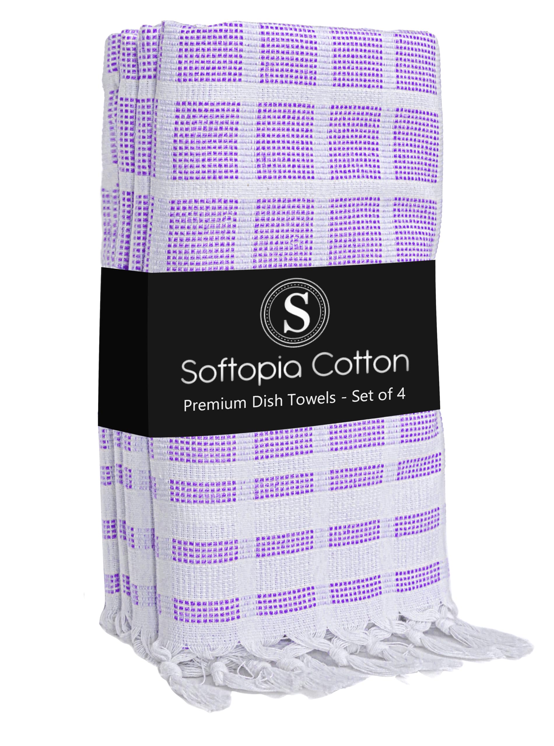 Matrix Dobby Kitchen Towels 4 Pack, 16x26 Inches, 100% Cotton, Absorbent Reusable Dish Cloths with Handmade Tassels, Washable Hand Towels for Drying - Lavender, White