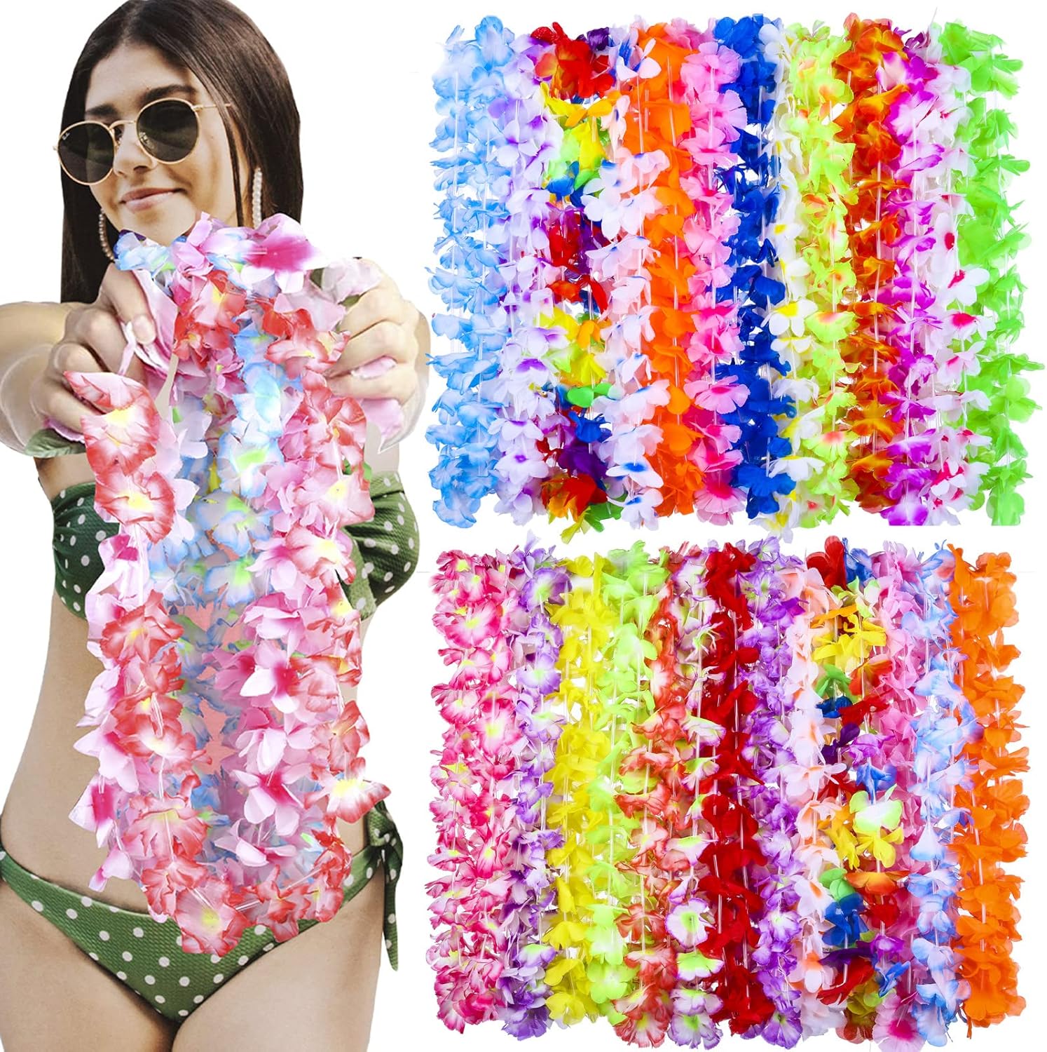 100 Pcs Hawaiian Leis for Luau Party Hawaii Leis Bulk Colorful Silk Flower Adjustable Necklace Tropical Hula Dance Decor Summer Beach Pool Party Decorations Favors Supplies Wedding