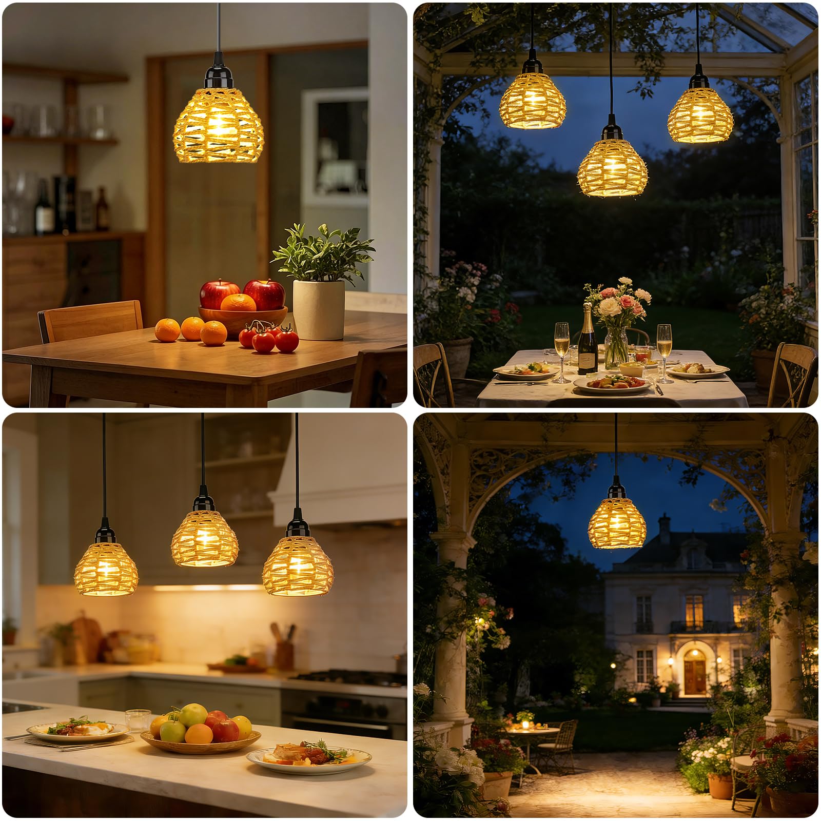Lampada a Sospensione a Batteria, 3 Lampadario Rattan da Esterno Con Telecomando, Regolabile, Timer, IP65 Impermeabile Per Interni Gazebo Giardino Campeggio pranzo