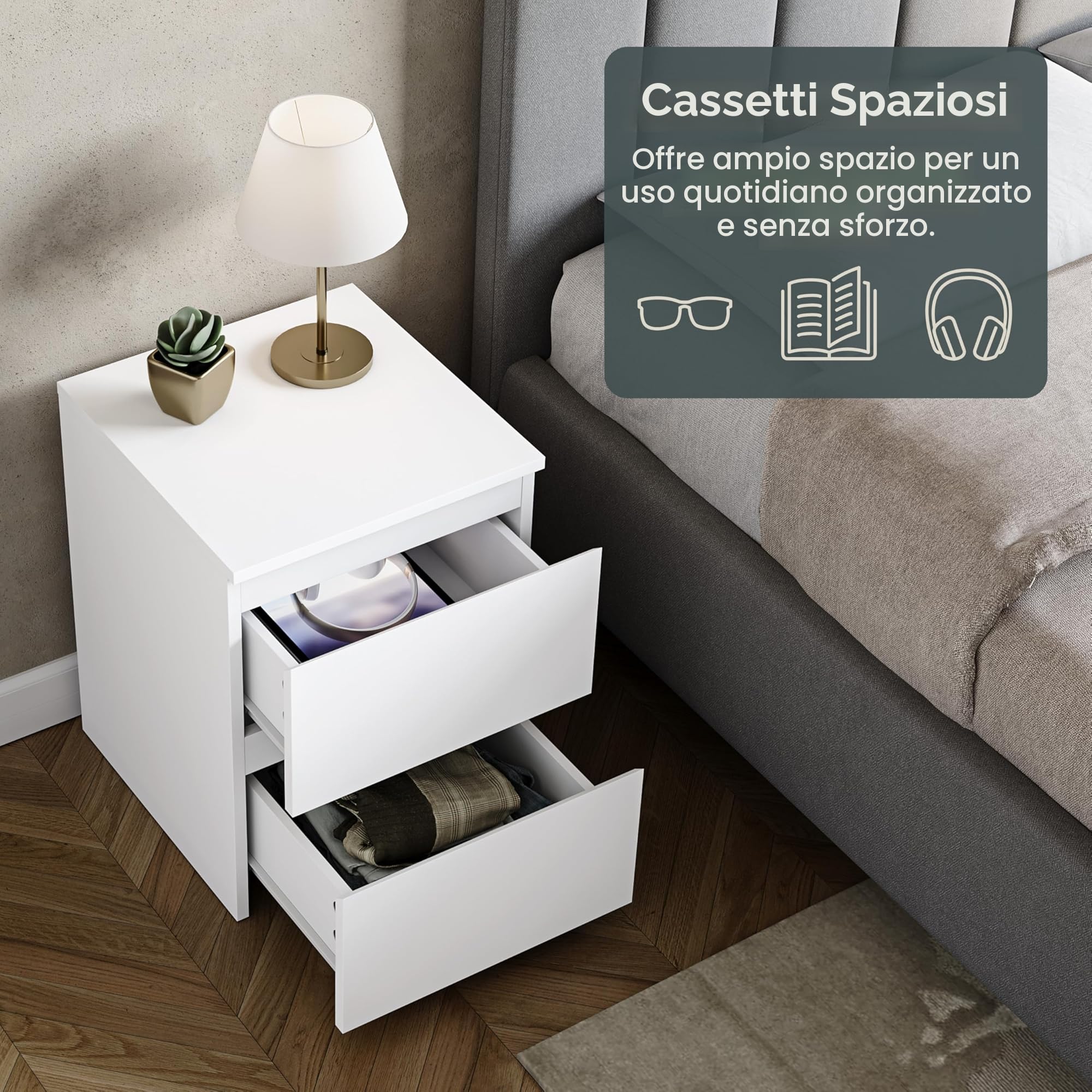 Vida Designs Denver - Comodino grande con 2 cassetti, per camera da letto, moderno, 48 x 39,5 x 39,5 cm (altezza x larghezza x profondità) (bianco)