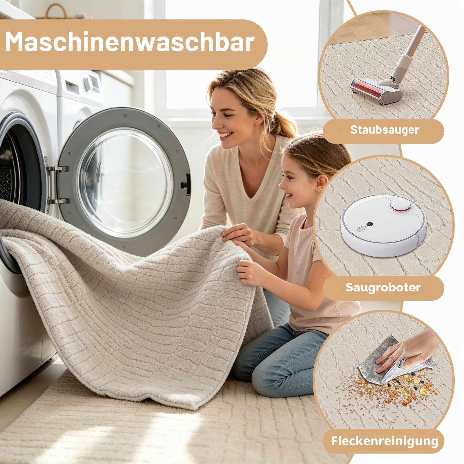 Teppich Wohnzimmer 160x230cm Waschbarer rutschfeste Kurzflor Moderner Bodenmatte 3D Effekt Teppiche für Bereich Schlafzimmer Büro Esszimmer Küche Kinderzimmer, Beige