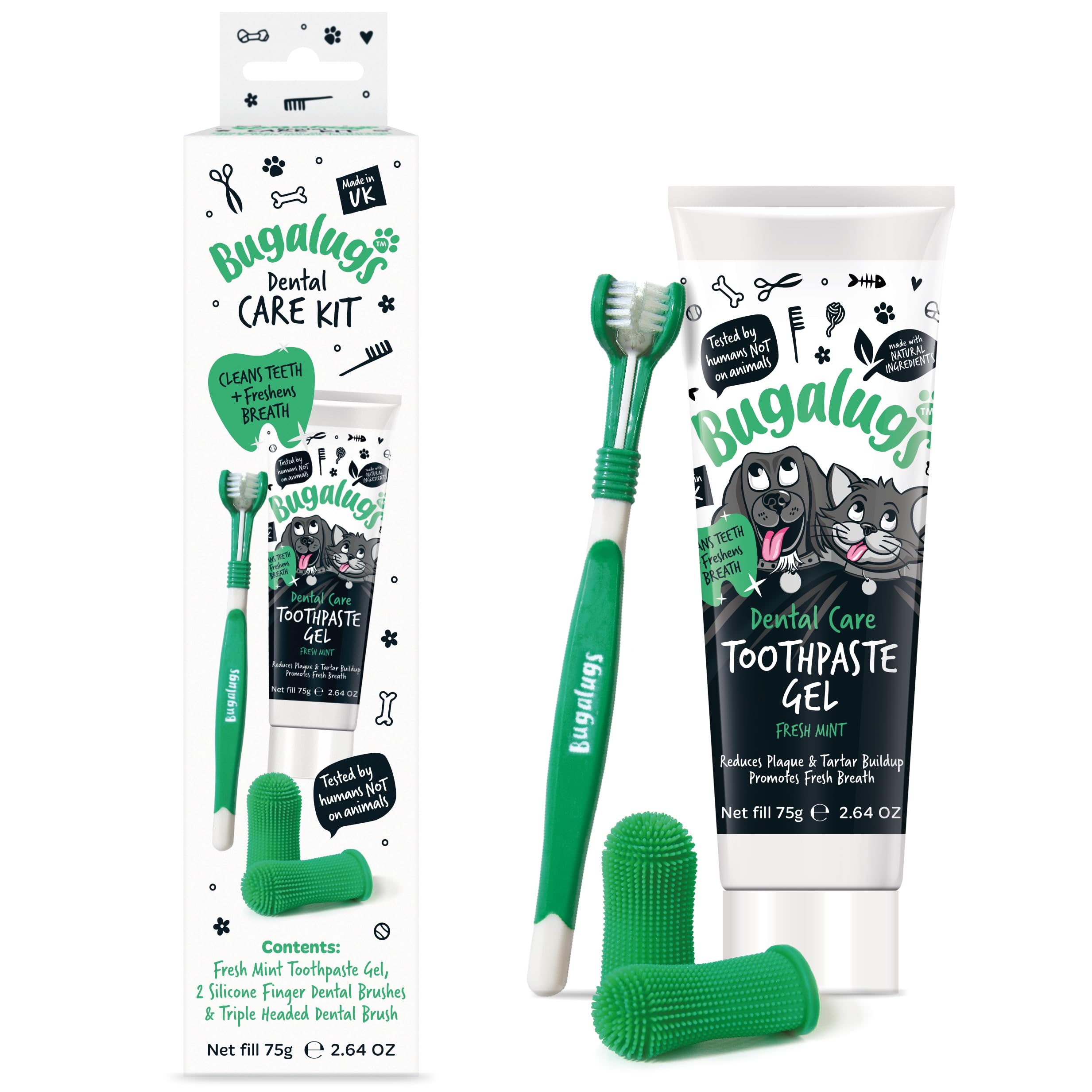 Bugalugs Dog and Cat Dental Care Kit: Toothpaste, 2 Finger Cat Toothbrushes, Dog Toothbrush for Plaque Removal and Fresh Breath