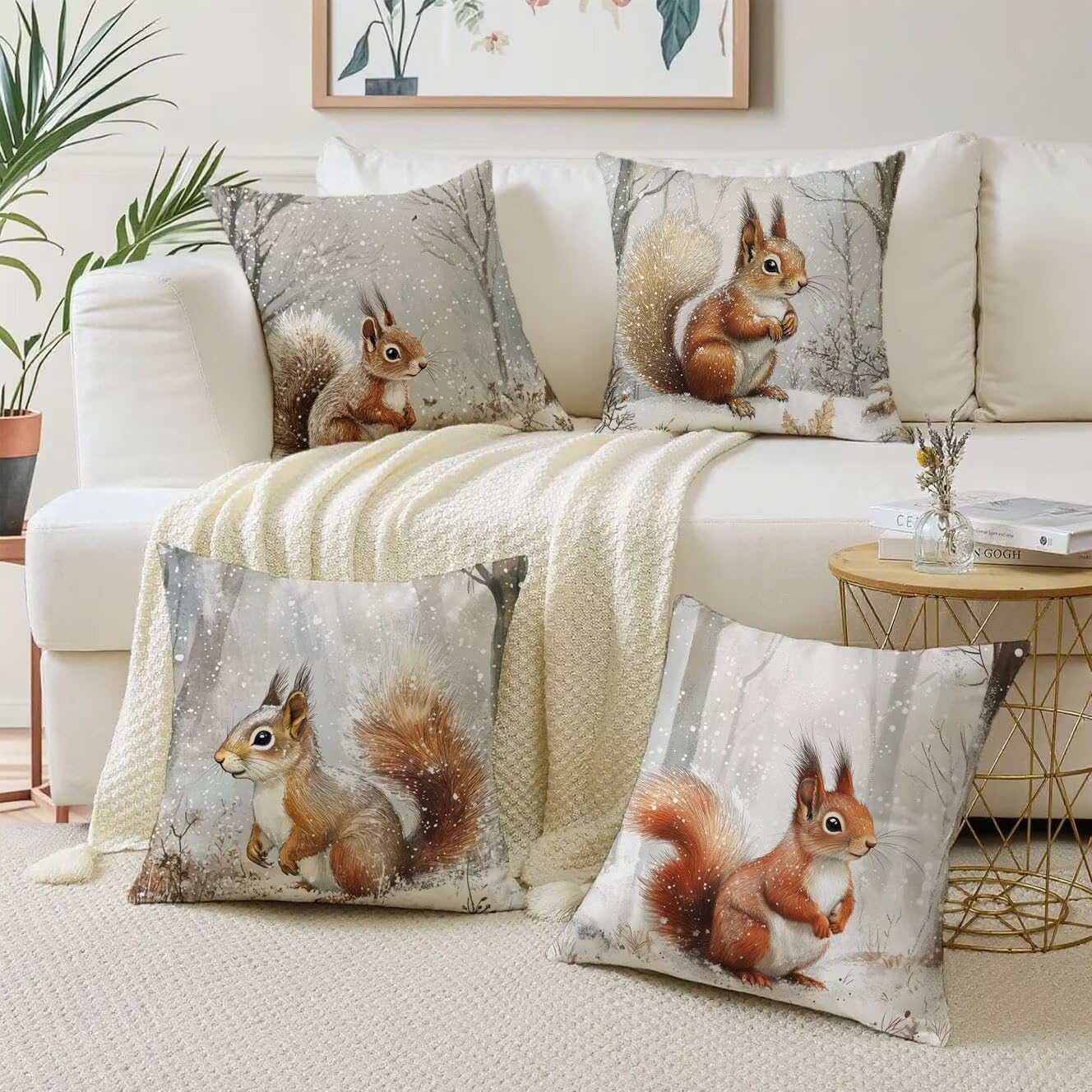 scoiattolo Cuscini da Esterno 60x60 Set da 4 Federe Cuscini Divano neve Copricuscini Velluto Copri Cuscino Divano, Impermeabili Copricuscino, Quadrato Cuscino Decorativo, Moderna Decorazione t-807