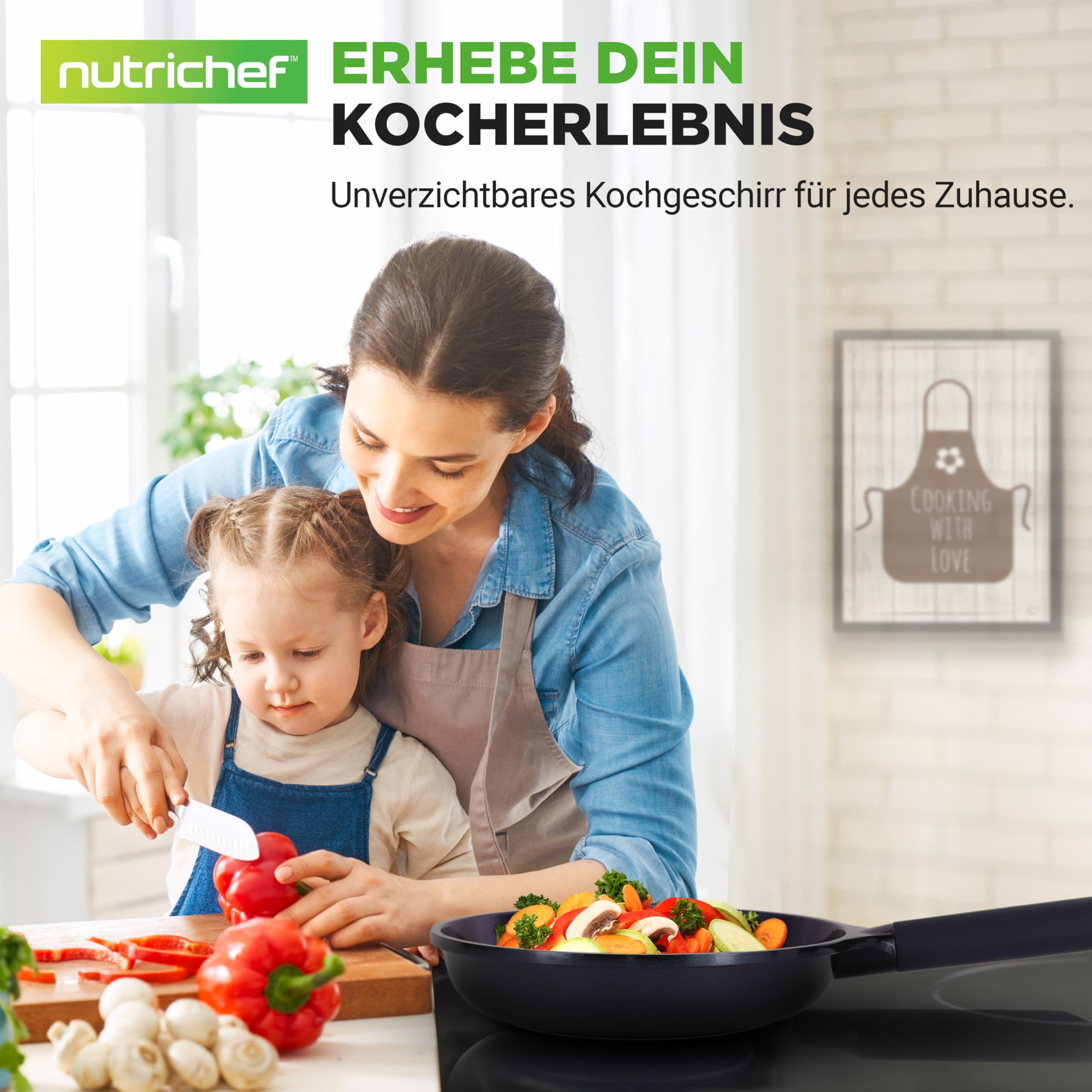 NutriChef Pfannenset 5-teilig – Grillpfanne, Wokpfanne, Bratpfanne 28 cm, Fischpfanne oval, Glasdeckel Antihaft, induktionsgeeignet, langlebiges Design, BPA-frei, ideal für gesundes Kochen