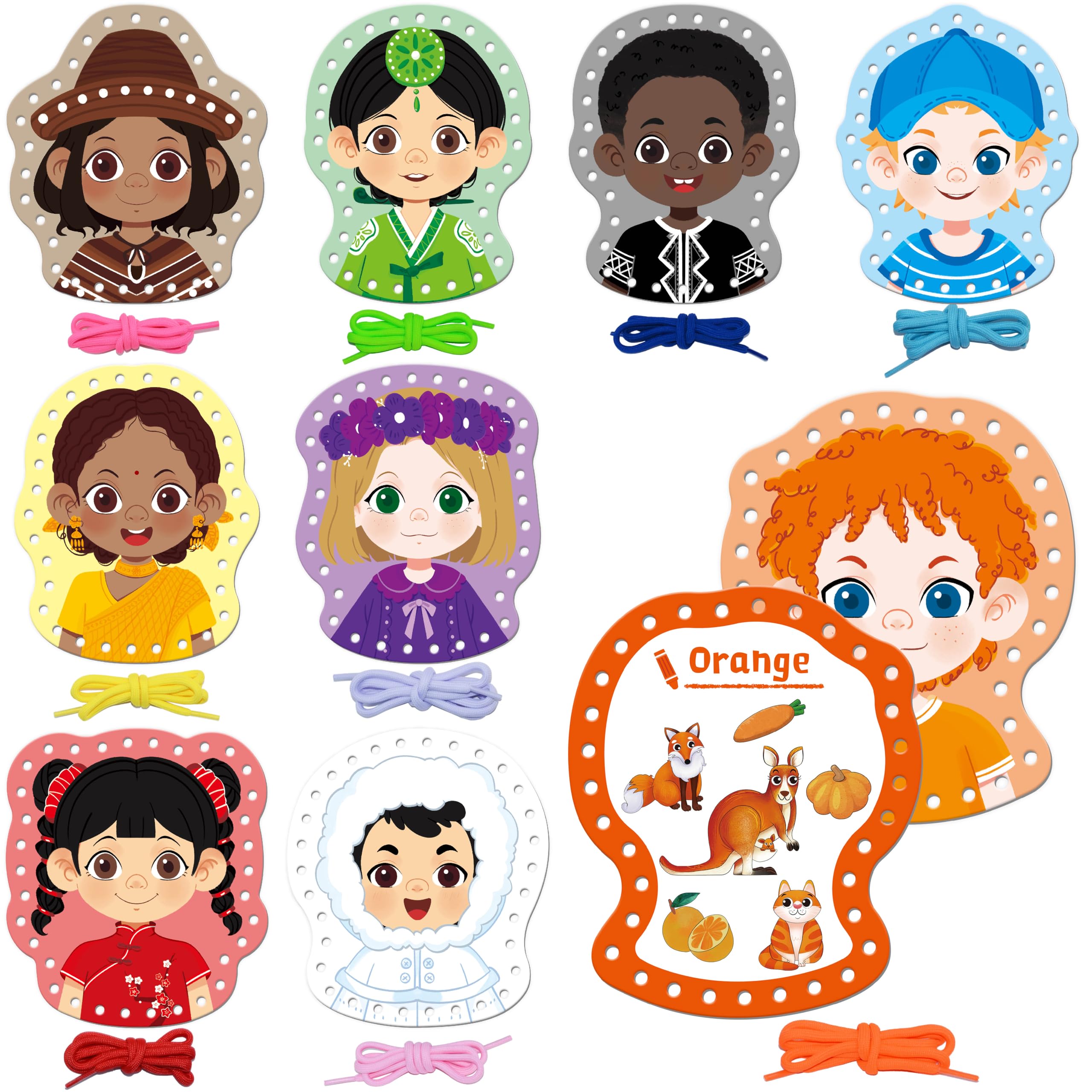 9 Pieces Happy Face Lacing Cards, 9 Double Sided Color Sewing Cards with 9 Colorful Laces, Educational & Learning Activity Games, Imagination Development Lacing Toys for Preschoolers, Kids