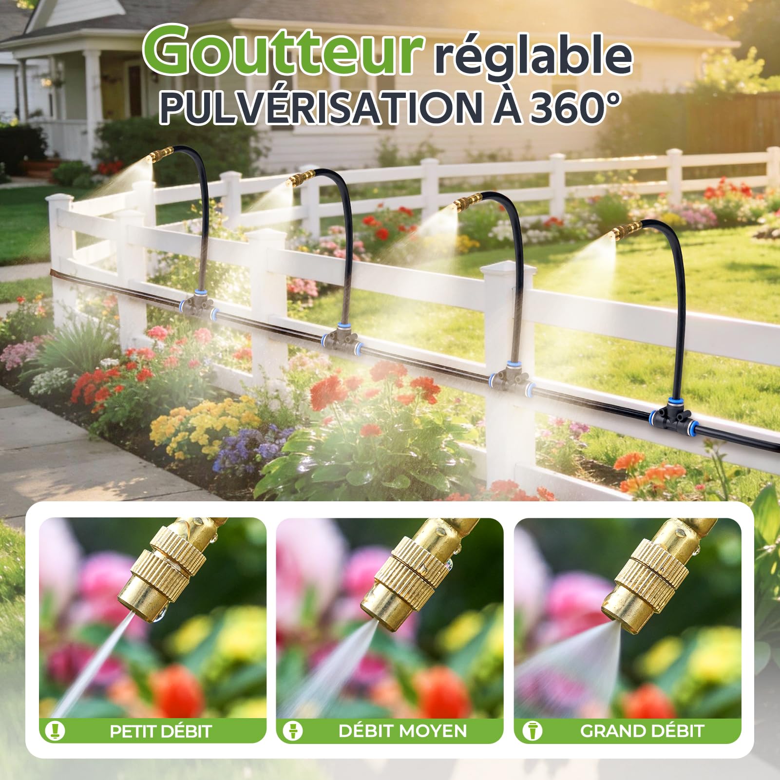 HIRALIY Tuyau d'arrosage de, buses en laiton réglables à 360°, système d'irrigation goutte à goutte 1/4", système d'irrigation de jardin pour jardin, balcon, plate-bande surélevée, serre et (10M)