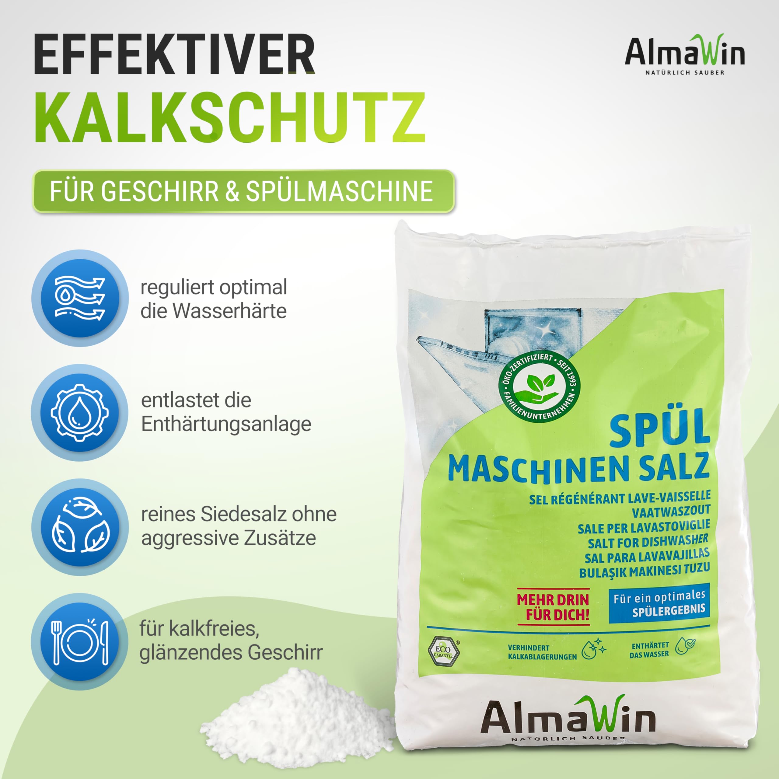 AlmaWin® Spülmaschinen Salz [18x 2kg] zum Schutz vor Kalkablagerungen & Wasserflecken - Geschirrspüler Salz für optimale Spülergebnisse - Regeneriersalz, Spezialsalz - 100% Natürlich, Bio & VEGAN