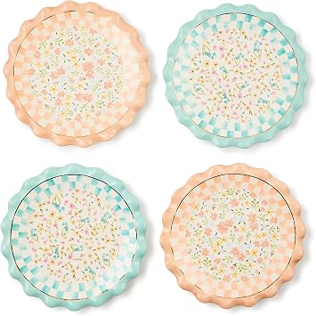 MACKENZIE-CHILDS Set of 4 Ceramic Dessert Plates, Decorative Spring and Easter Dishes, 8-Inch Diameter, Posie Patch