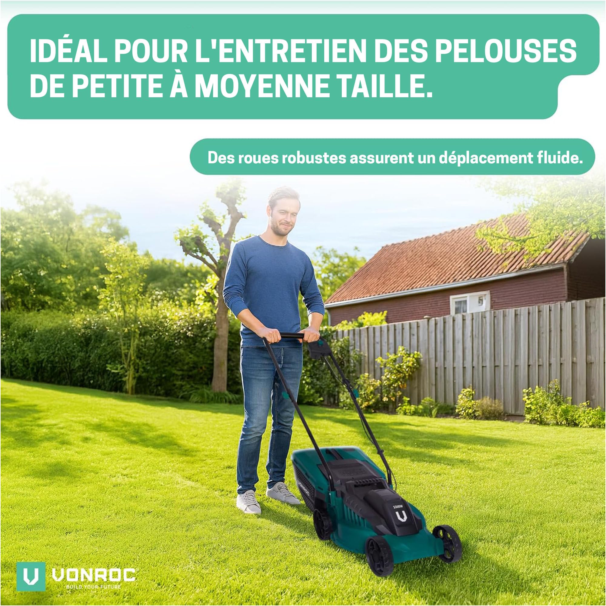 VONROC Tondeuse Gazon 1300W - Largeur de Coupe 32cm - Bac Ramassage Tondeuse 30L Inclus - Entretien du Jardin, de la Pelouse - Interrupteur de Sécurité, Facile à Transporter - Serre-Câble Fournis