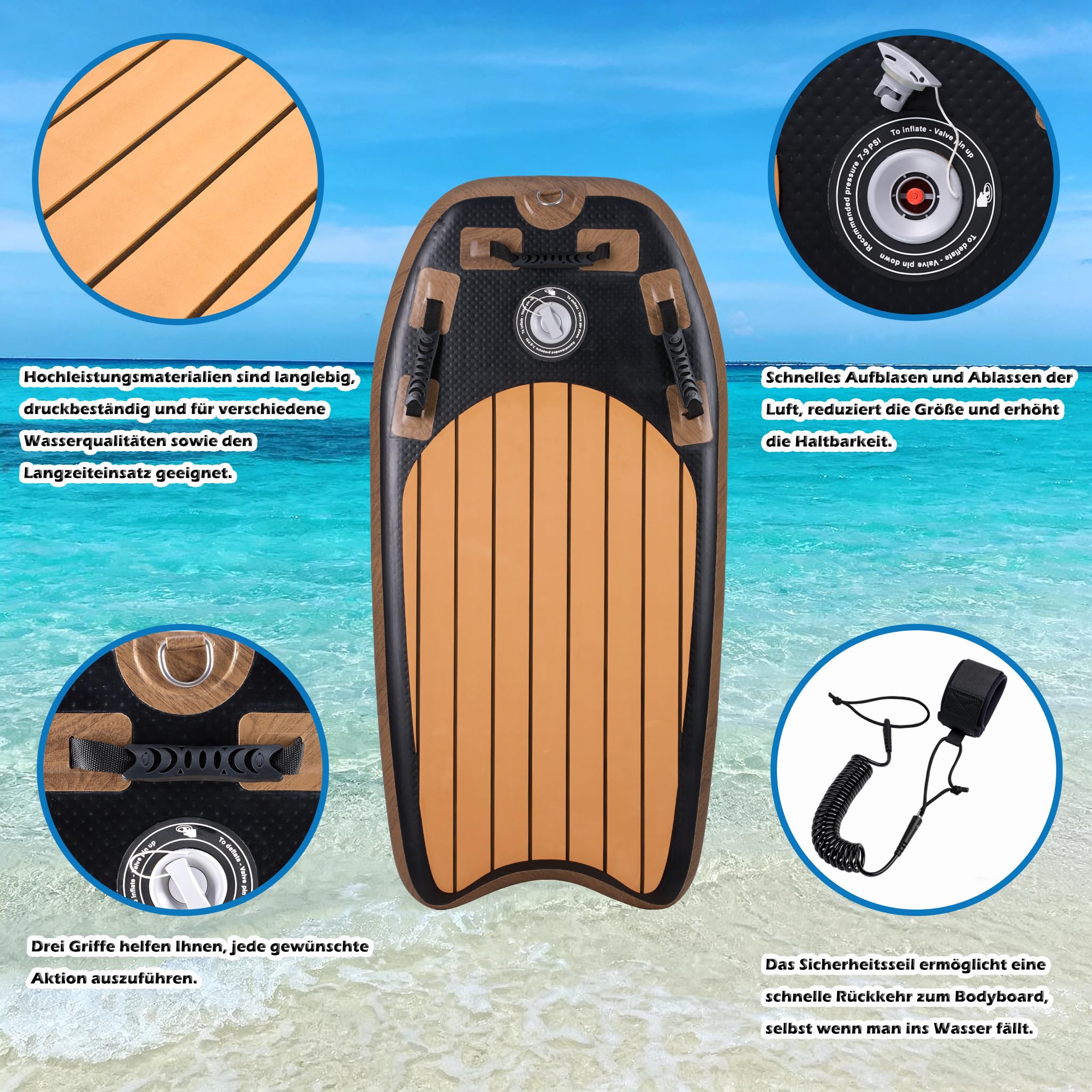 Aufblasbares Bodyboard 105x53x10cm, 3 Griffe für bessere Kontrolle, 2 Seitenflossen für Stabilität, Eva Anti-Rutsch-Oberfläche, inkl. Sicherheitsleine, Pumpe & Tragetasche, max. Belastung 100 kg