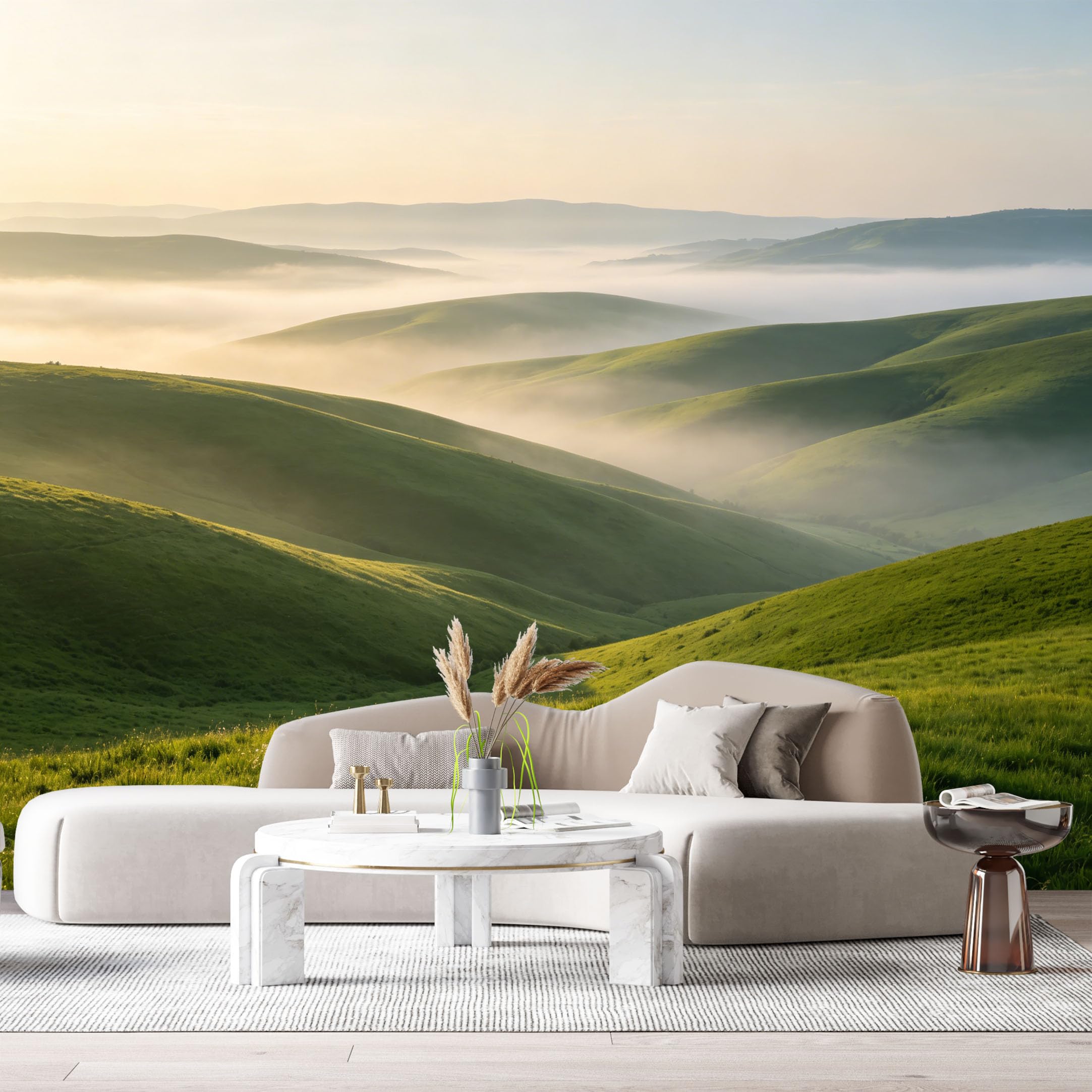 Custom Size Wall Murals Misty Hills Landscape Sunrise Valley Mountain Layers SelfAdhesive Wall Fabric Removable Large Wallpaper for Photo Living Room