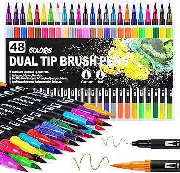 Amazon イラストマーカー 48 水彩毛筆 Ninonlyブラシマーカーペン 両端ペン先 コミックマーカー ブラッシュペンセット水彩筆 ライナーペン 水性マーカー マンガペイント 水性 文房具 オフィス用品