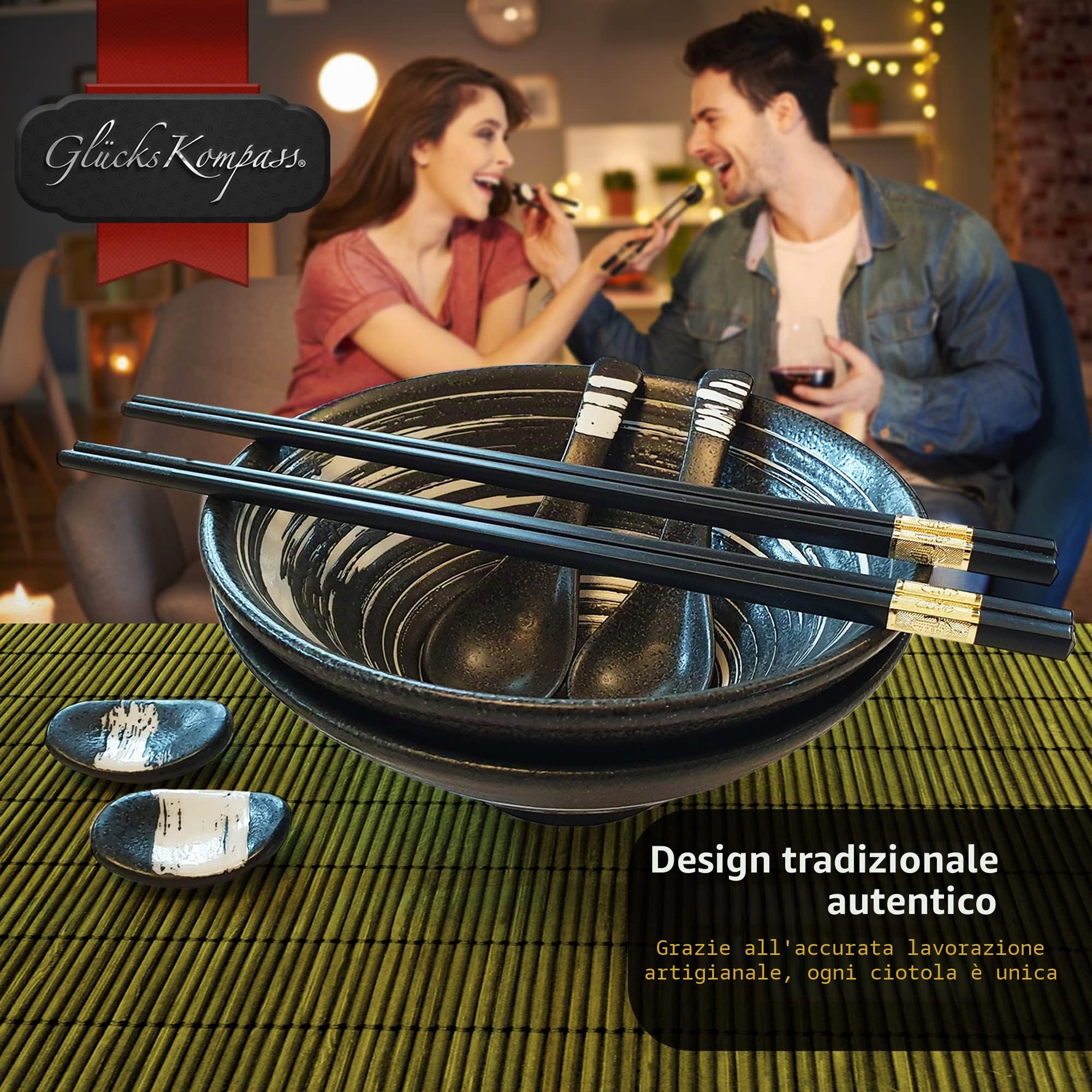 Set di ciotole per ramen giapponese in ceramica, grande: diametro 20 cm | Ciotola per zuppa, ciotola per riso asiatica, ciotola cinese, stoviglie tailandesi, cucchiaio