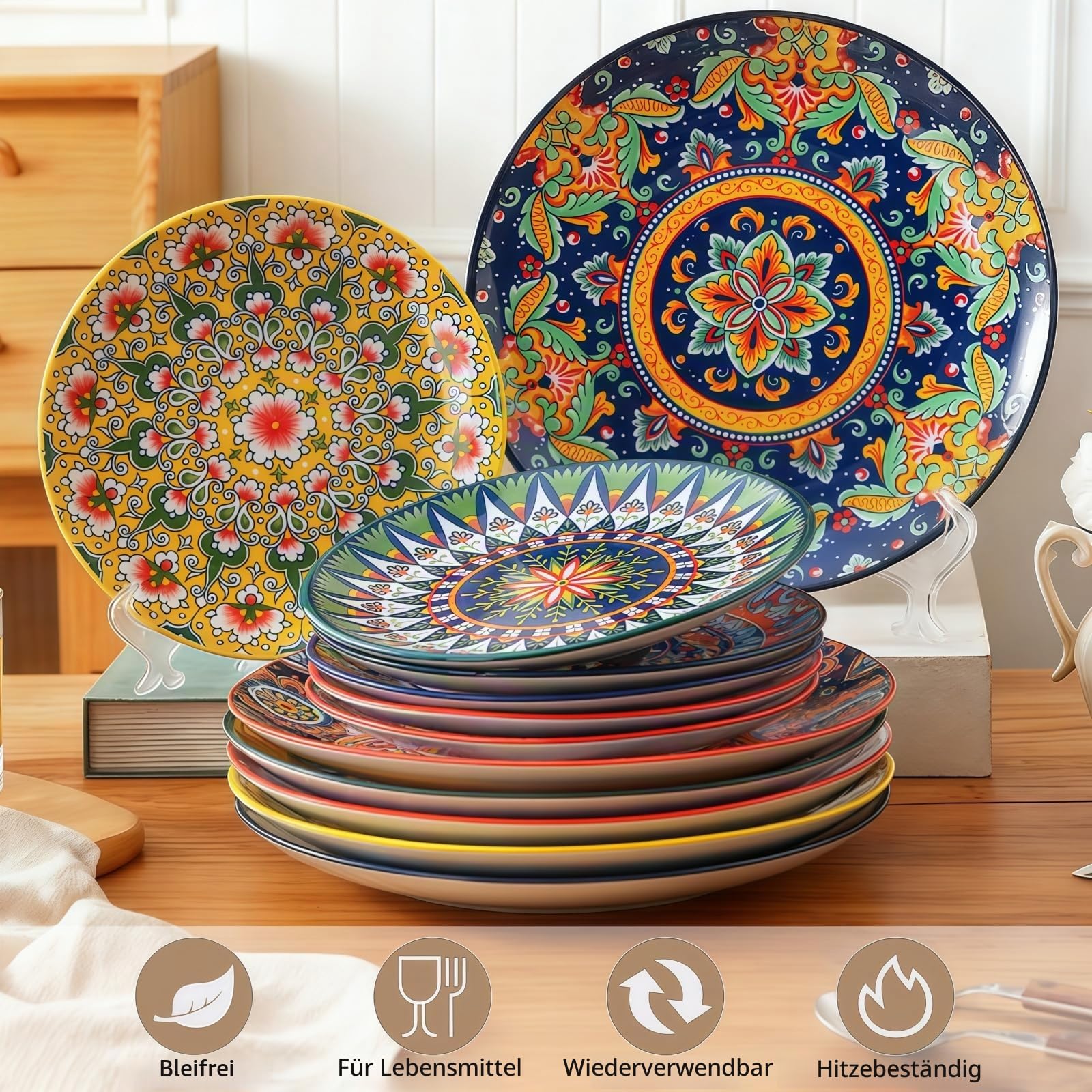 12-Piece Ceramic Plate Set, 10" & 8" Plates, Bohemian Style, for 6 People, Ideal for Gatherings & Festivals, Microwave & Dishwasher Safe, Scratch Resistant