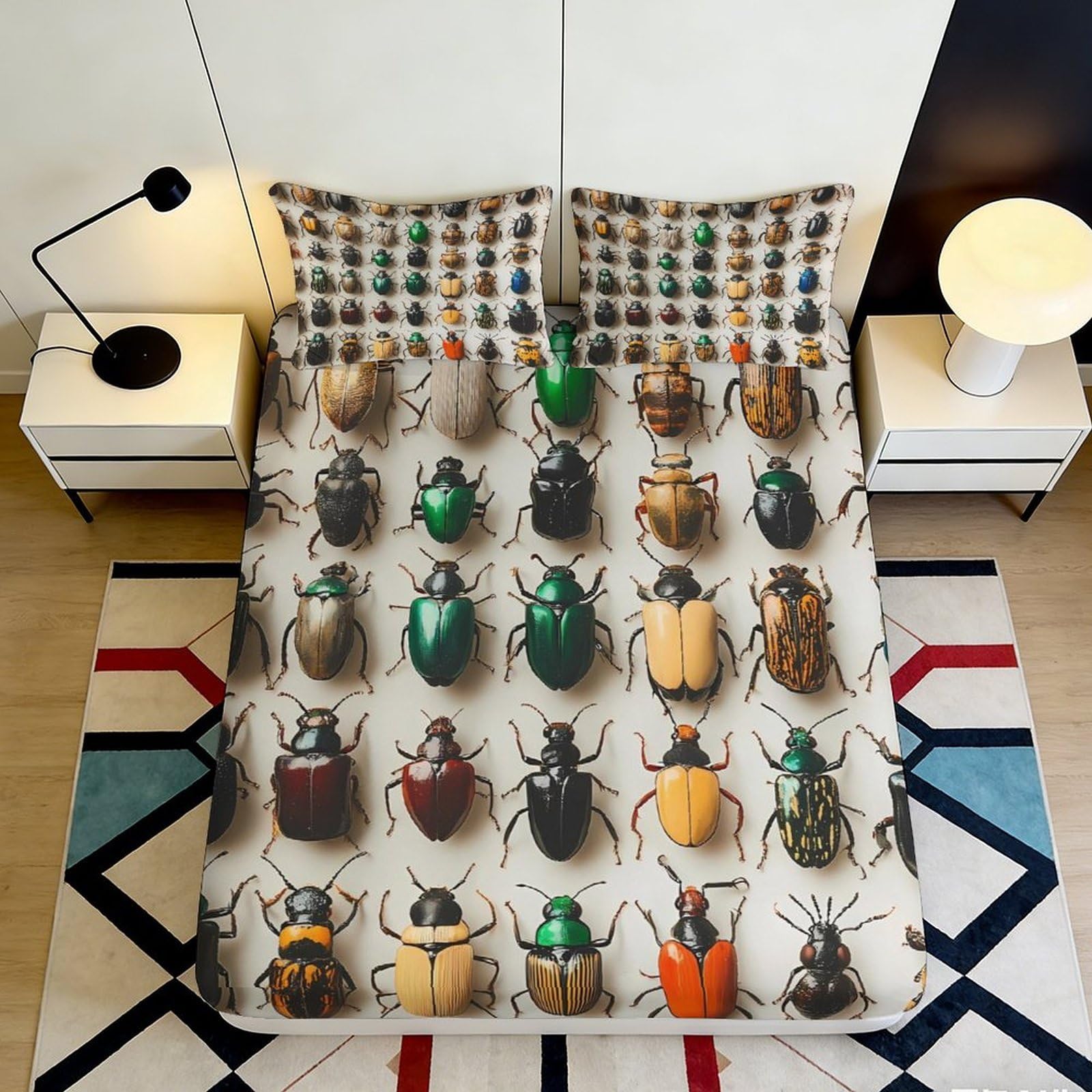 3D Printed Colorful Beetle Pattern Fitted Sheet Microfiber Soft Mattress Cover for Bedroom Dorm Protection Decor 120x200x25cm