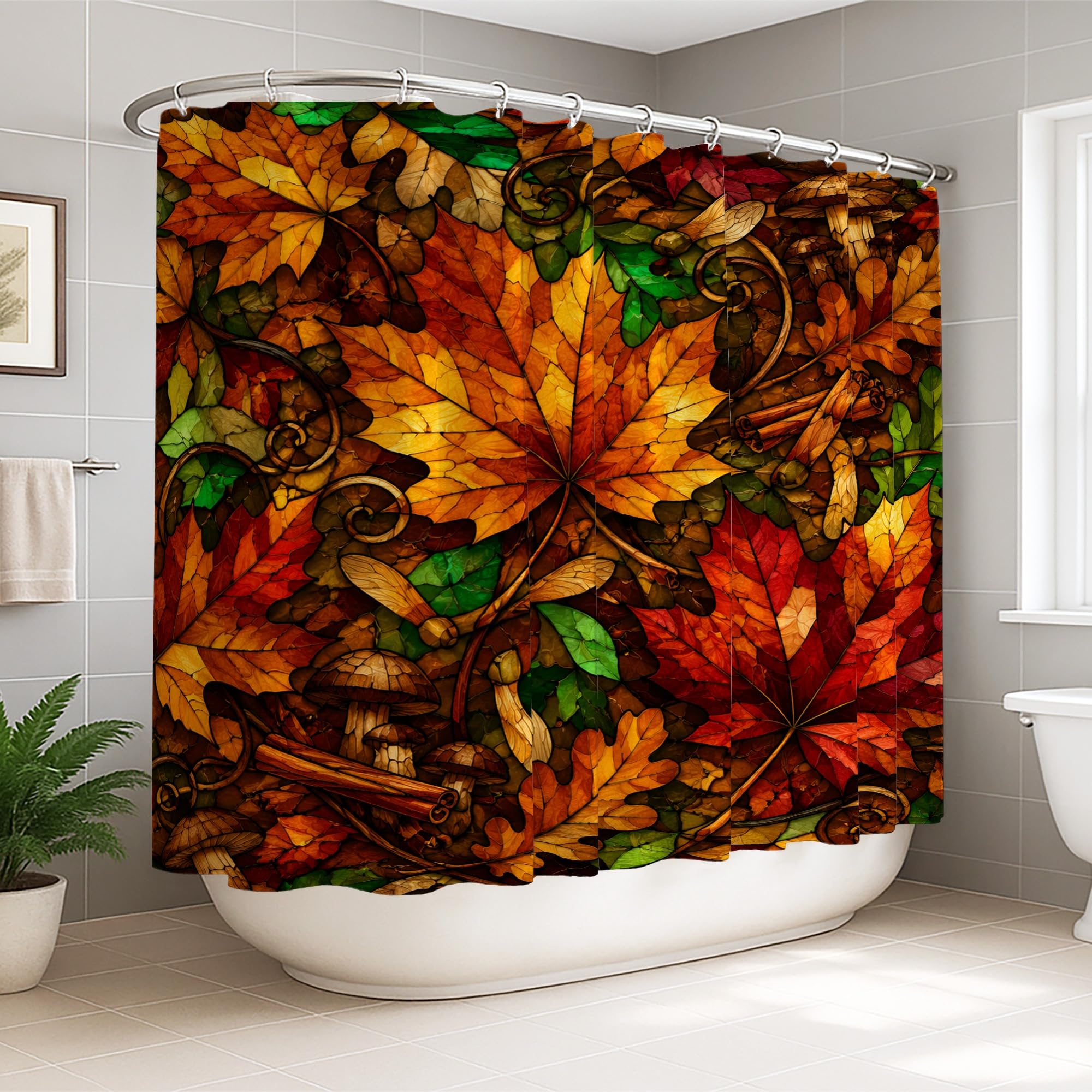 Rideau de douche extra large au motif feuilles d'automne pour une ambiance spa nature