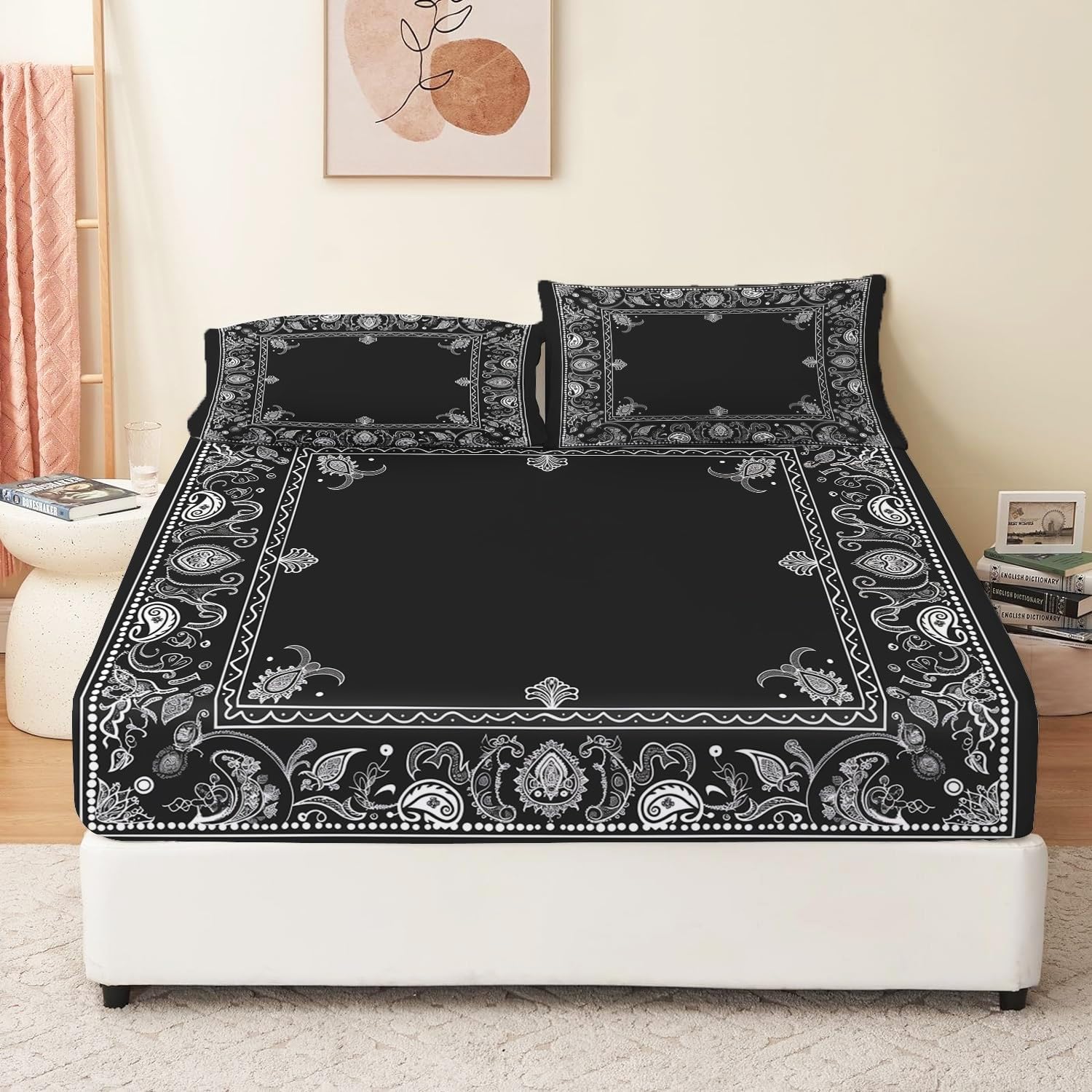 Paisley prześcieradło z gumką, miękkie prześcieradło, z nadrukiem, miękki, dekoracyjny materiał, pościel okrągła, elastyczna gumka 160 x 200 cm, wielokolorowe, zestaw z gumką, oddychająca pościel