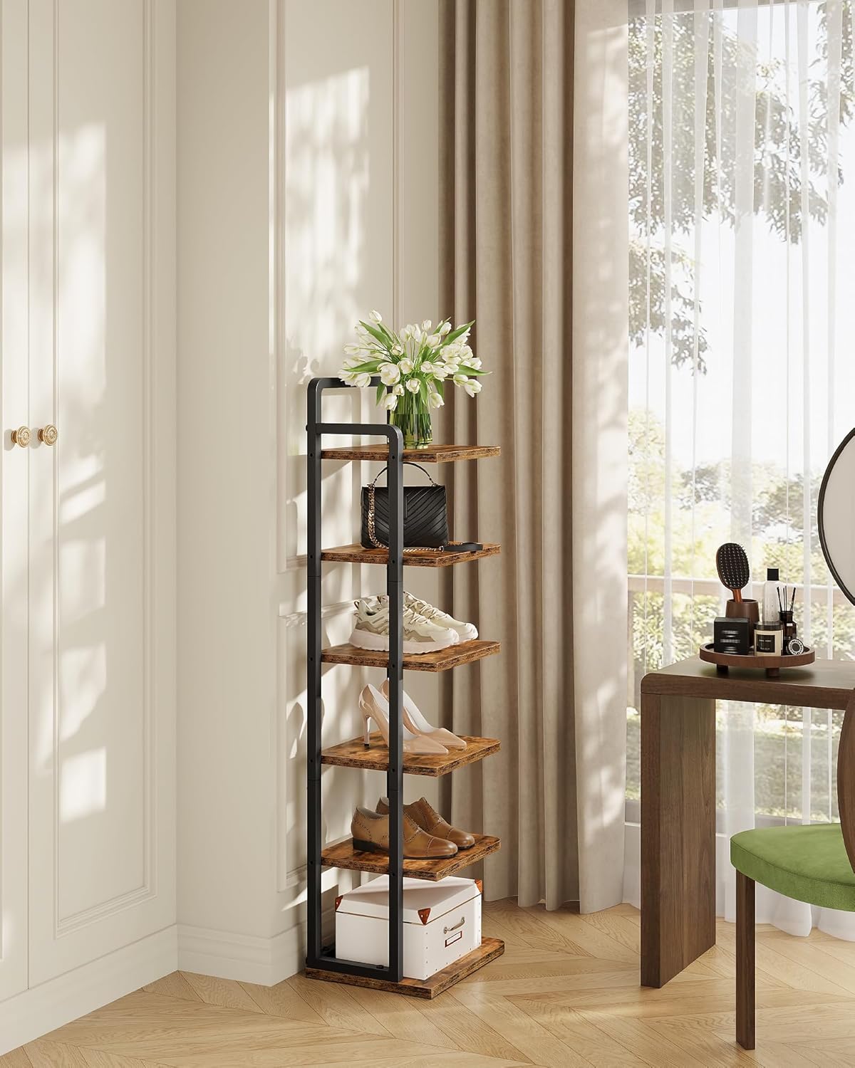 6-Tier Vertical Shoe Rack, Narrow Shoe Tower, Corner Shoe Storage Organizer, Shoe Shelf, for Small Spaces, Industrial Style, for Entryway, Hallway, Living Room, Rustic Brown and Black TXJ06BF