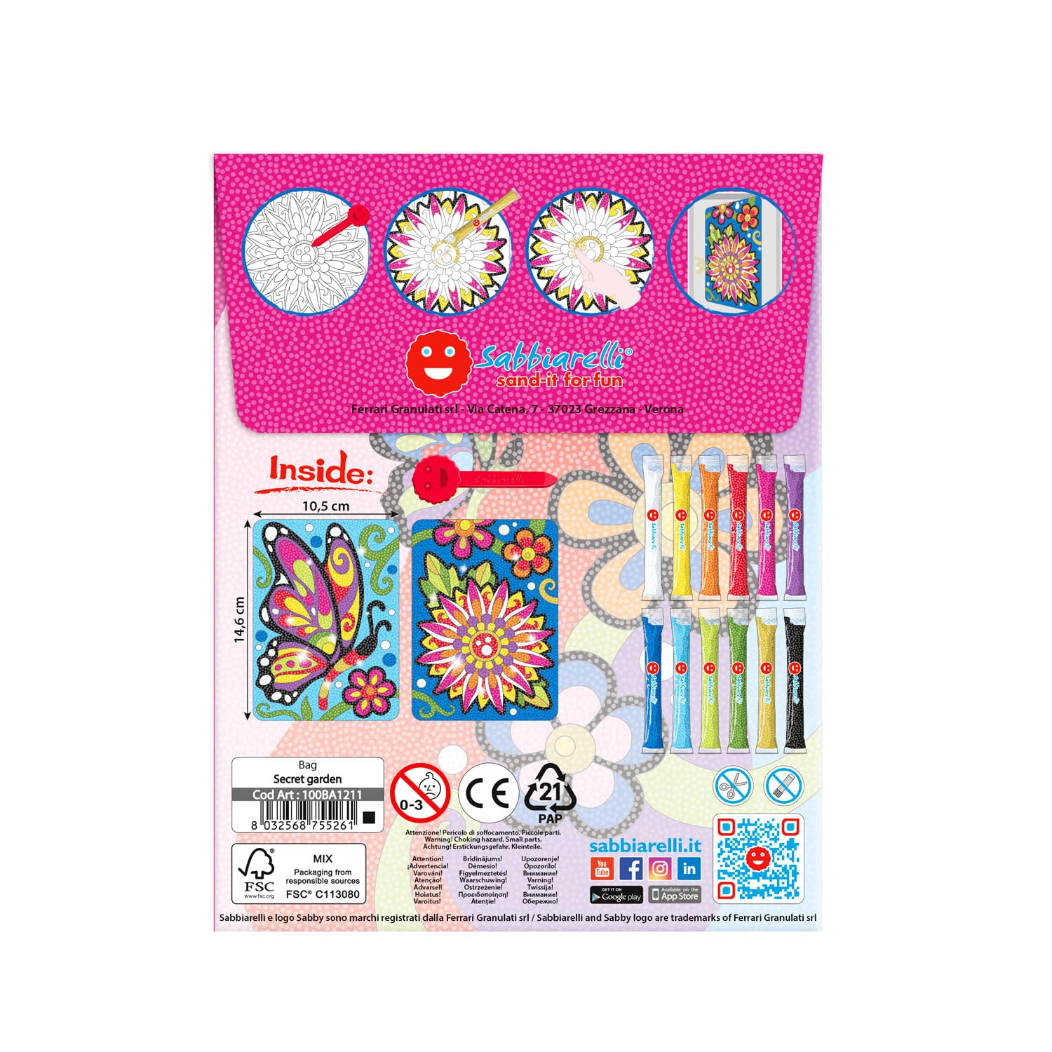 Sabbiarelli Sand-it For Fun – Bag Secret Garden | Mini Kit di Sand Art a Tema Fiore e Farfalla 100% Made in Italy con Sabbia Colorata e Disegni Adesivi | Hobby Creativi Adulti e Ragazzi 10+