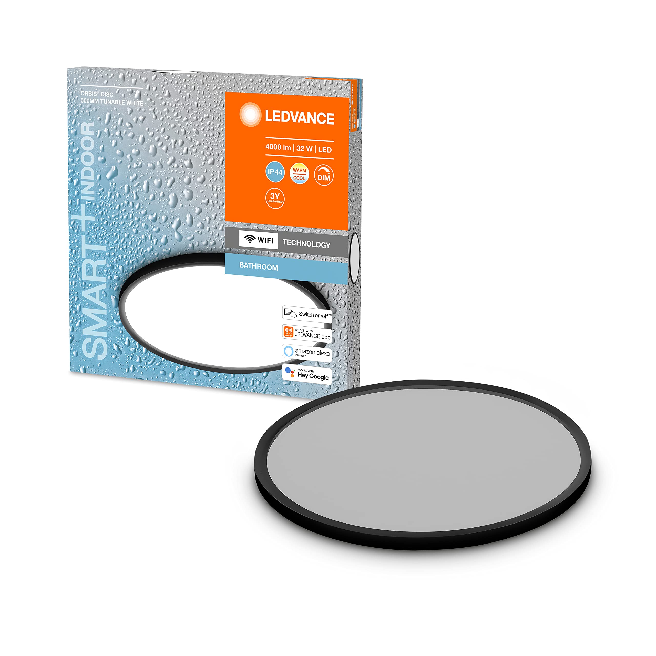 LEDVANCE Smart LED Badezimmerlampe black, 32W, 2700Lumen, 3000-6500K, 50cm, IP44, Orbis Disc Wandleuchte, Badezimmerleuchte mit Wifi Technologie, dimmbar, steuerbar über App und Sprachassistenten