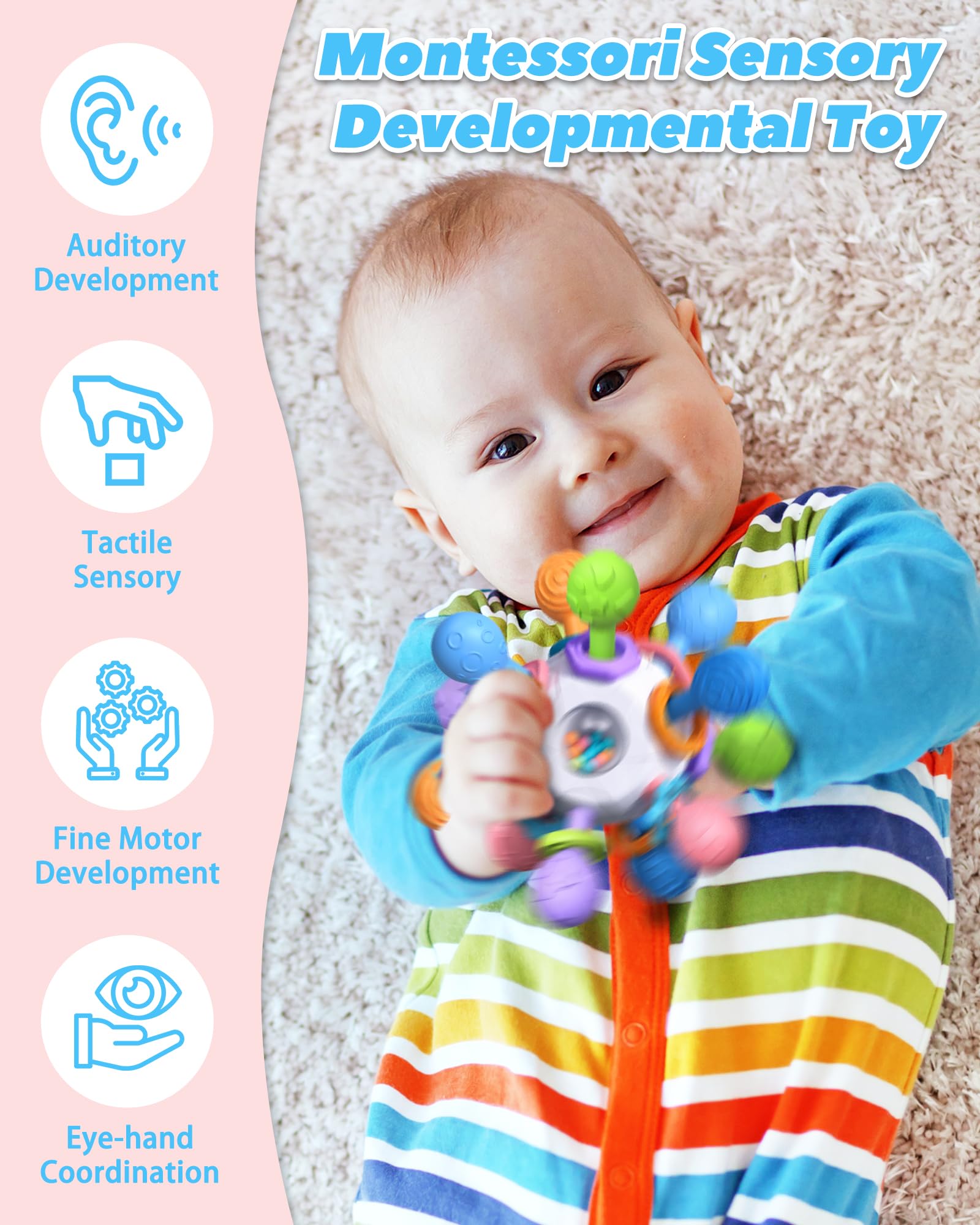 Baby Teething Toys for 0-6 6-12 Months Ages 0-2, Tummy Time Montessori Toys for Babies 0 3 6 9 12 18 Months, Newborn Infant Sensory Toys, Baby Stocking Stuffers Gifts for Boys Girls