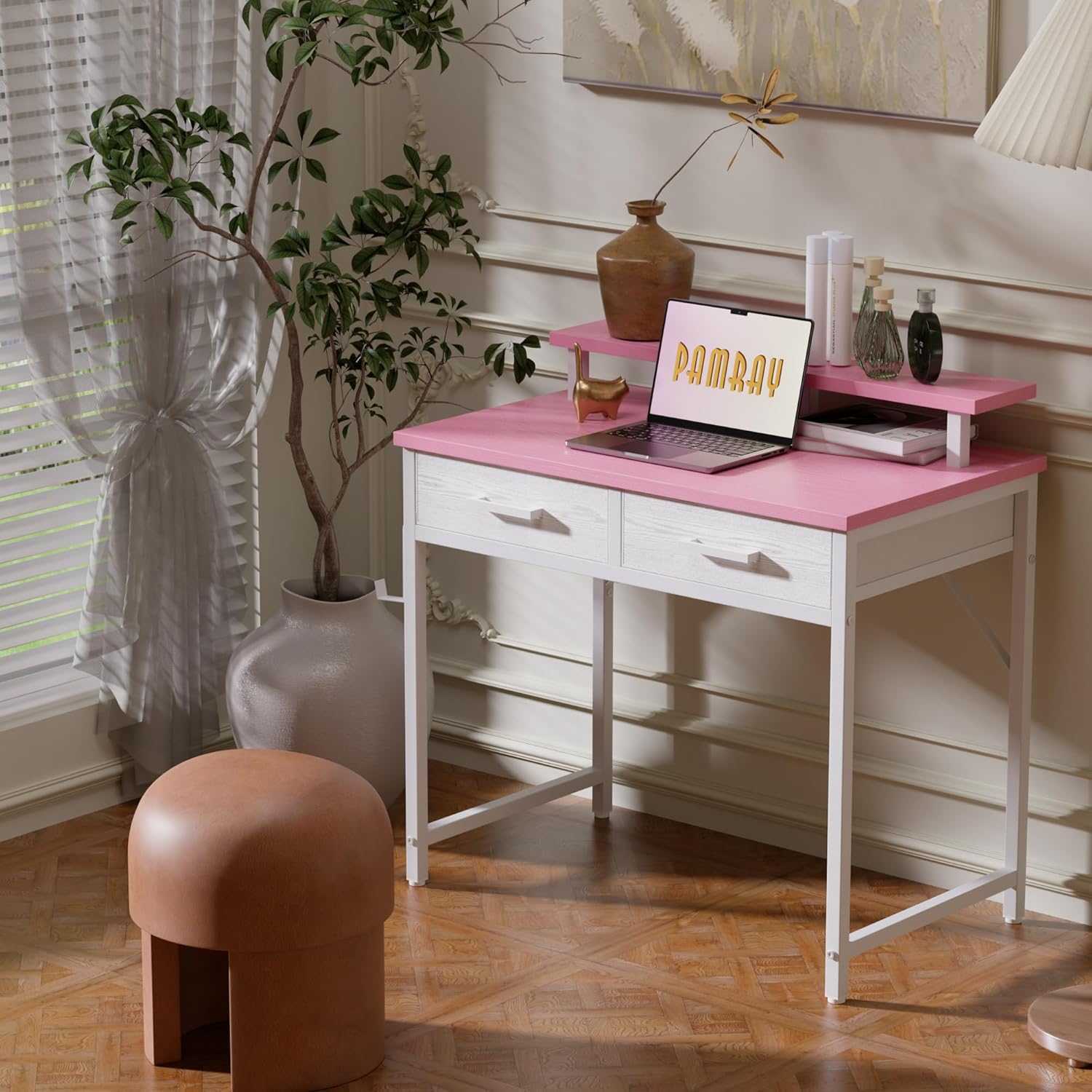 Pamray 32 Inch Small Computer Desk with Monitor Stand Home Office Desks with 2 Drawers for Bedroom Study Writing and Work Table for Small Spaces Pink Pink 32 Inch
