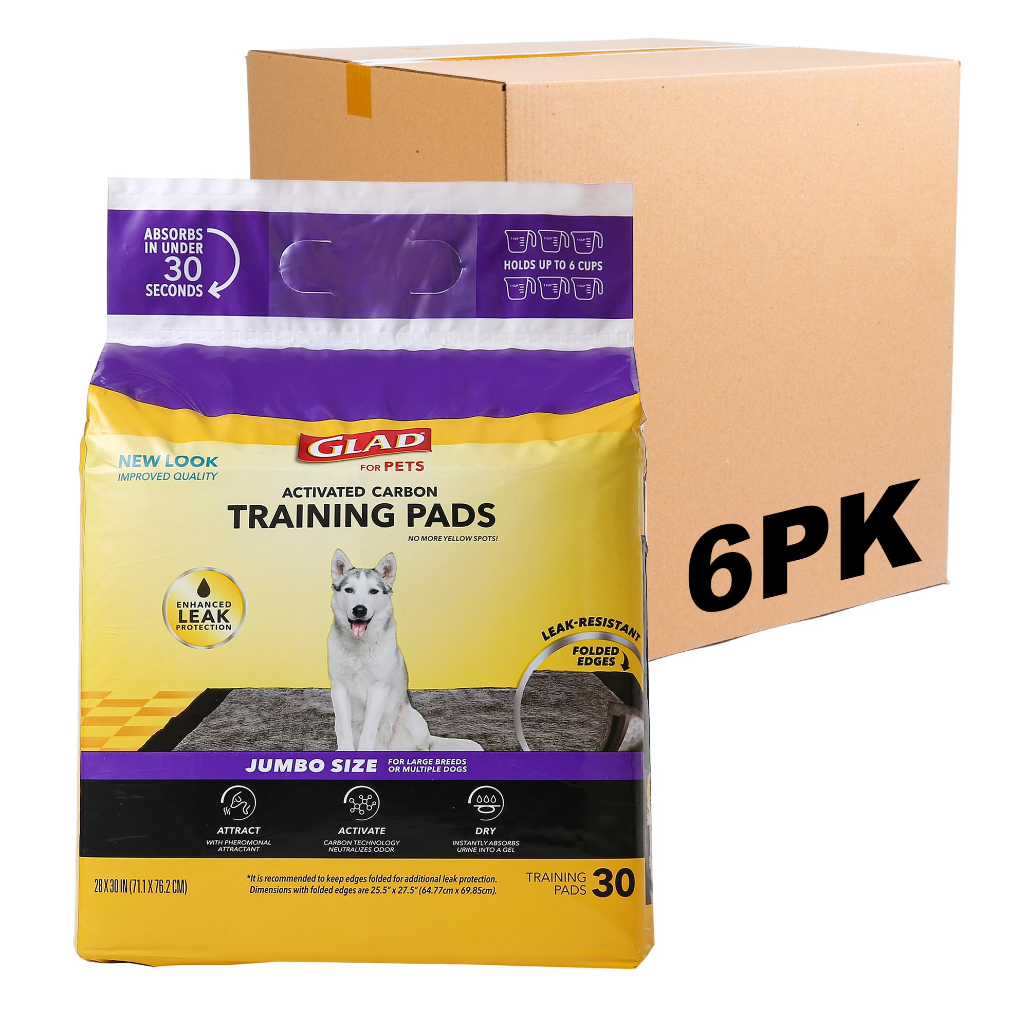 glad for pets jumbo-size charcoal puppy pads, all-in-one | black training pads that absorb & neutralize urine instantly | new & improved quality puppy pee pads, 30 count - 6 pack