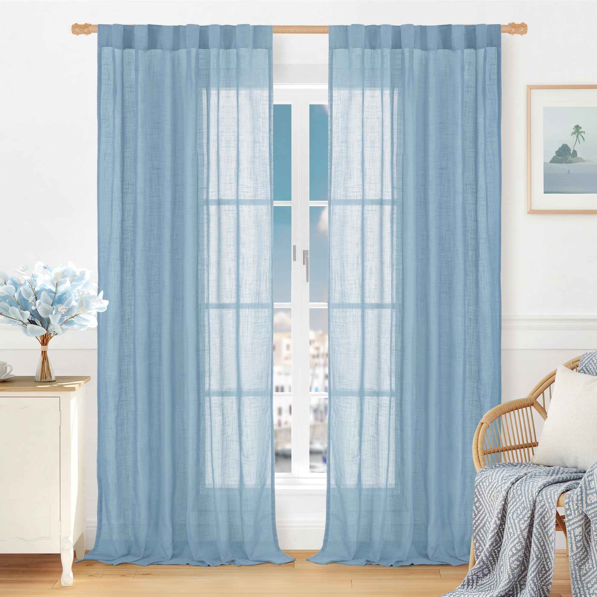 LAMIT Natural Linen Semi Sheer Curtains 84 Inches Long 2 Panels, Living Room Linen Textured Light Filtering Drapes Back Tab and Rod Pocket Neutral Window Panels for Bedroom/Sliding Door, 52 x 84 Inch — view 46
