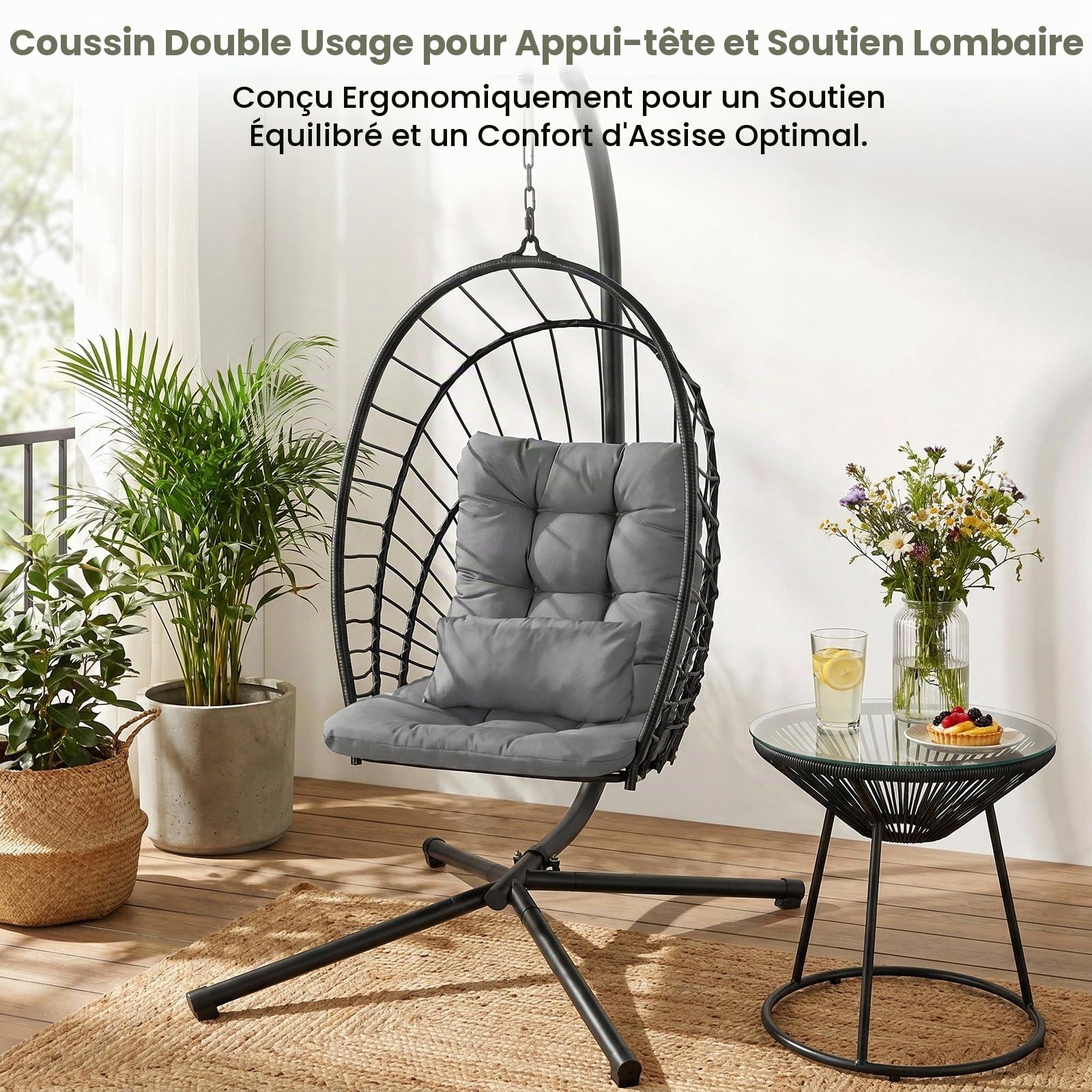 LIFERUN Fauteuil suspendu avec cadre - Pliable - Avec coussin - Pour l'intérieur et l'extérieur - Balançoire pour adultes et enfants - Pour jardin, terrasse, balcon, salon - Charge maximale : 160 kg