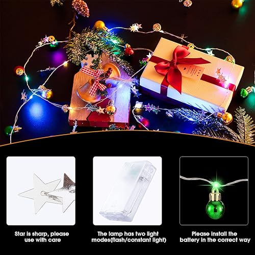 Miniatura 3 de Tira de luces LED decorativas de Navidad de 13 pies con forma de bola, 40 luces LED con estrella y campana, funciona con pilas, lámpara de alambre