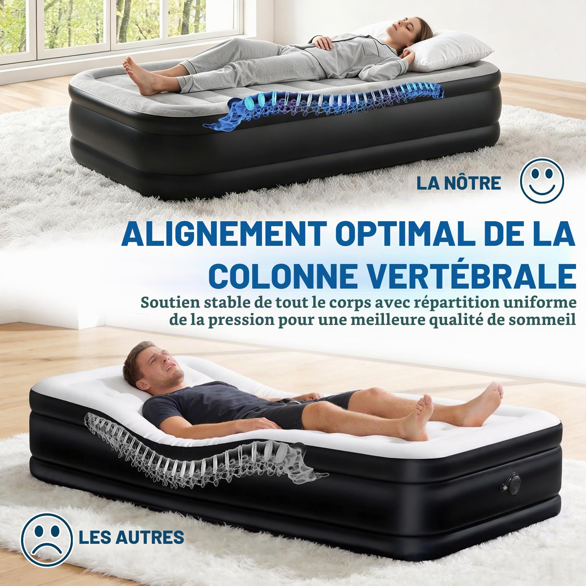 LARS360 Matelas gonflable auto-gonflant avec pompe à air, 187 x 90 x 46 cm, convient pour 1 personne, matelas gonflable avec sac de transport pour le camping/la maison, jusqu'à 300 kg - Noir/gris