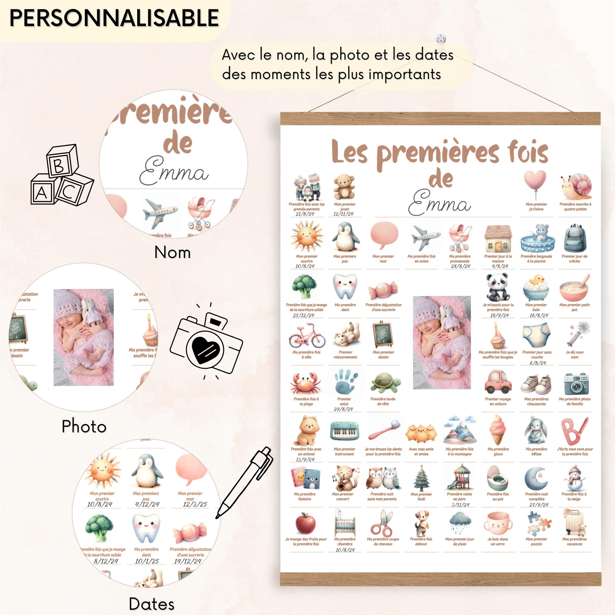 HuBorns - Poster Mis Primeras Veces para Recordar los Hitos Más Importantes de Tu Bebe, Perfecto como Regalo para Bebes Recien Nacidos, Incluye Listones de Madera para Colgar y Espacio para 1 Foto