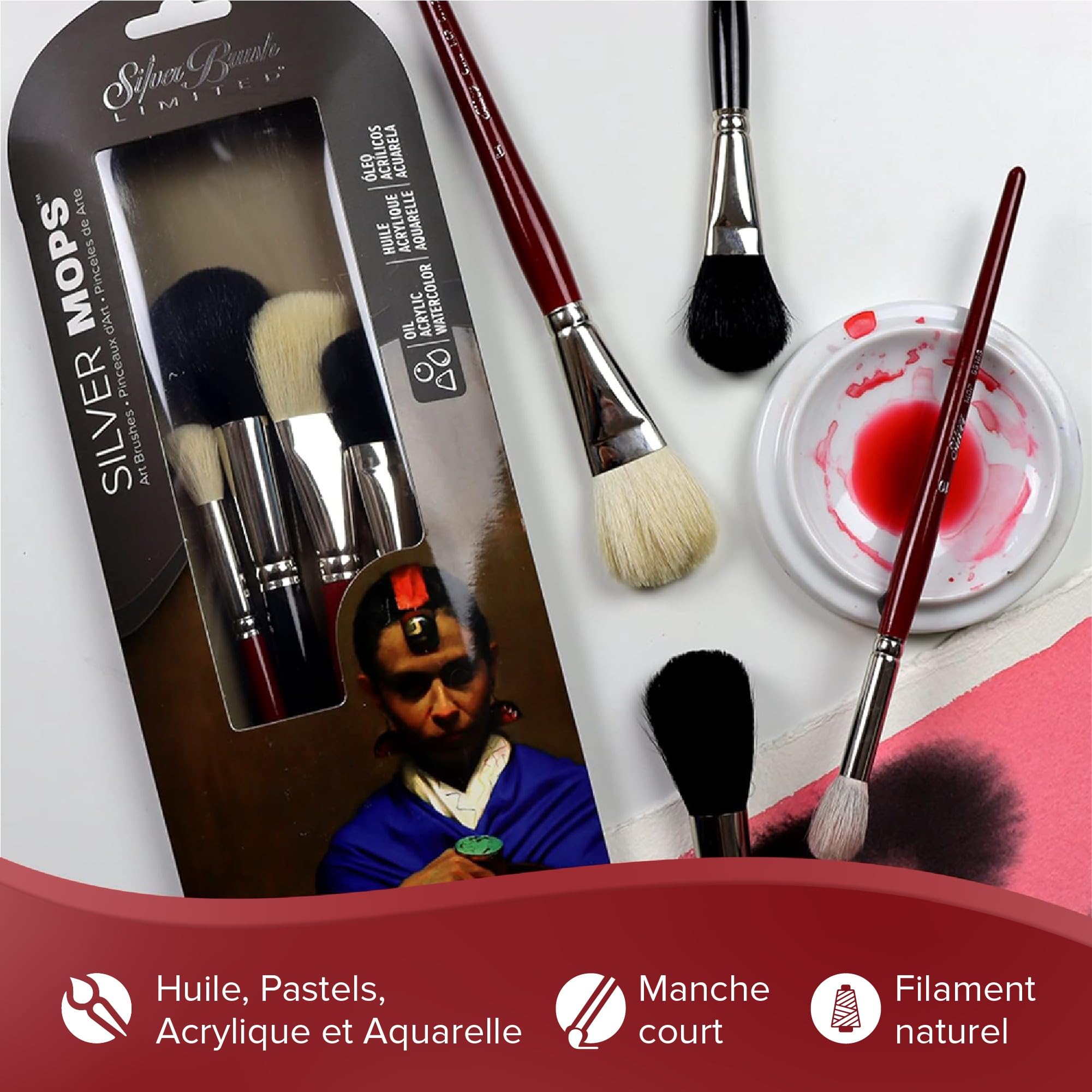 Silver Brush Limited - Assortiment de 4 pinceaux Silver Mop Multimedia pour l'huile, l'acrylique et l'aquarelle - Manche Court
