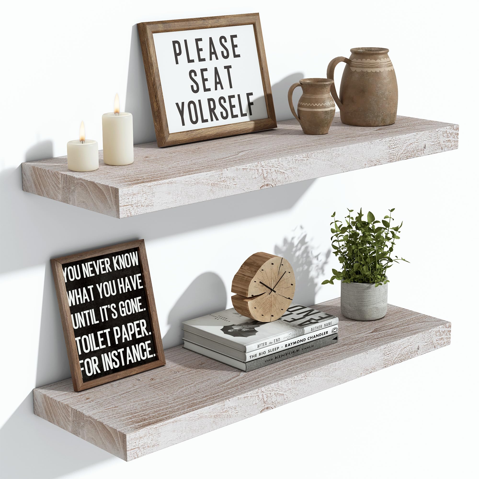 Vivelove Elm Wood Floating Shelf 24x8” Set of 2, Weathered White