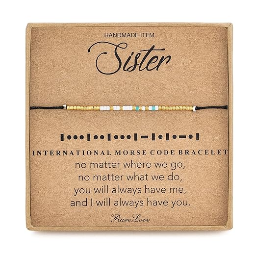 RareLove Sister Morse Code Beaded Bracelet Sister Birthday Gifts from Sister Long Distance Friendship Christmas Gifts Waterproof Gold Blue White Tiny Pony Seed Beads Black String