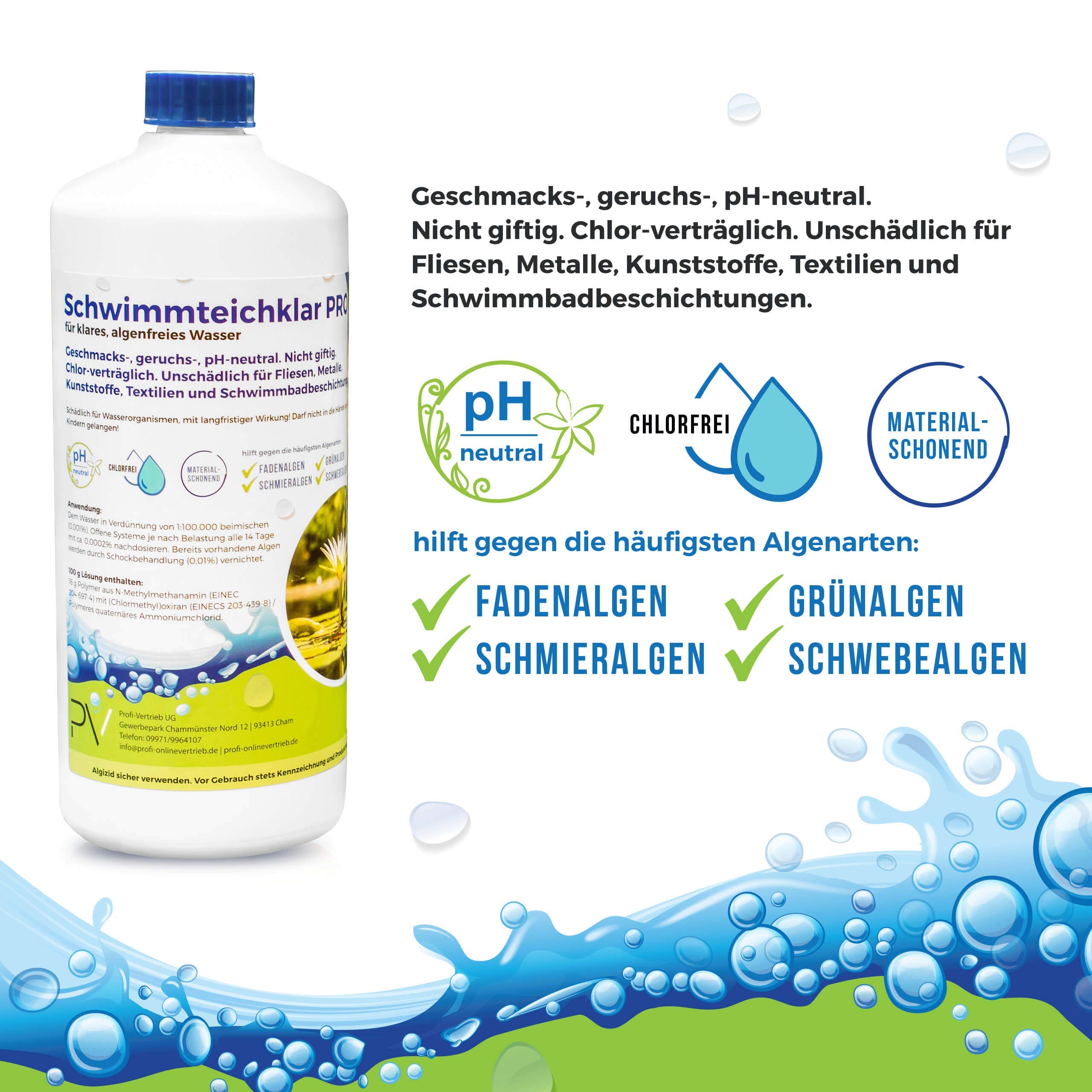 Schwimmteichklar PRO zuverlässiger Teichreiniger & Algenentferner I Wasserklärer Langanhaltend Pflanzenverträglich Chlorfrei I 1L hochkonzentrierter Algen-Killer Teich & Pool