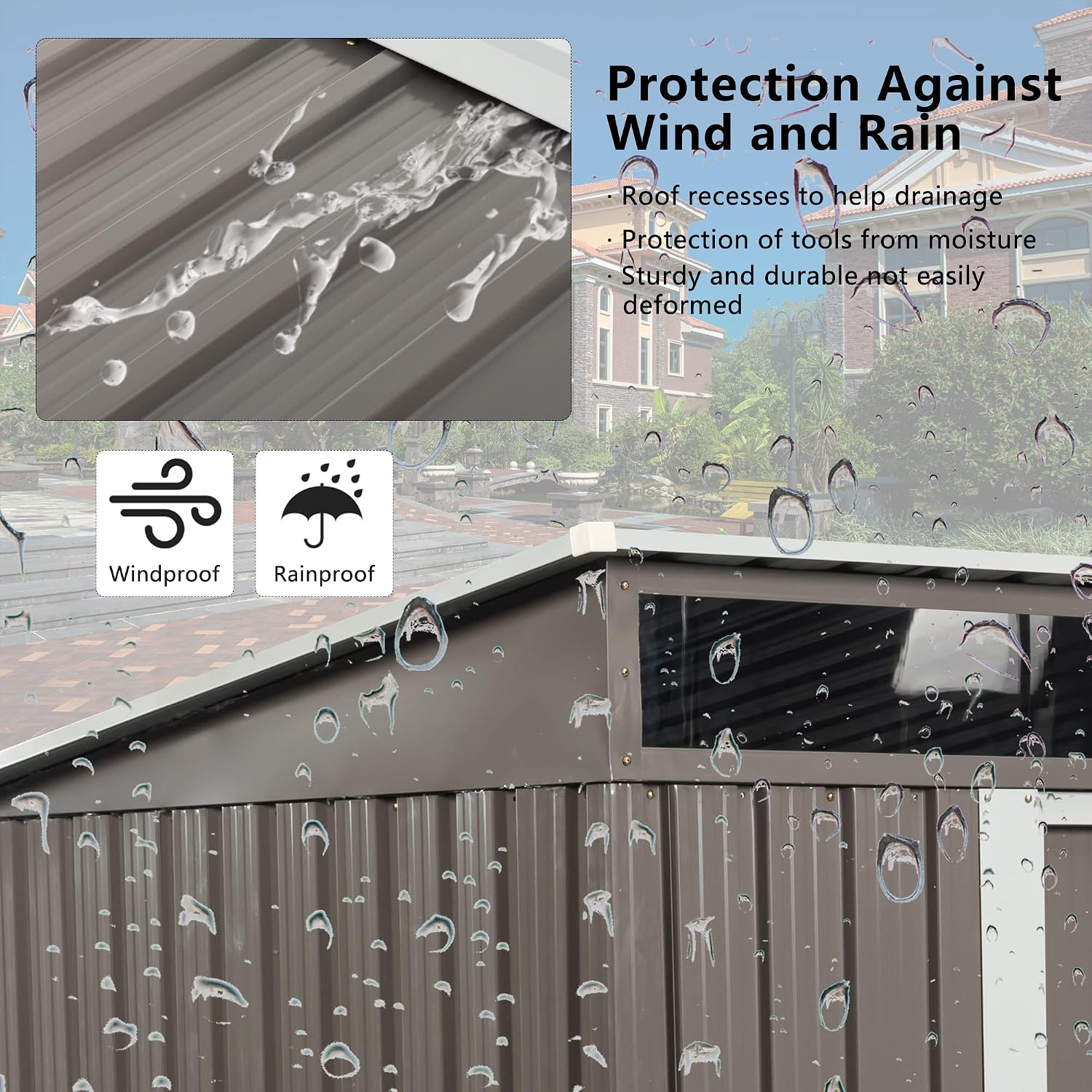Close-up of the shed roof showing water droplets and wind/rain protection icons
