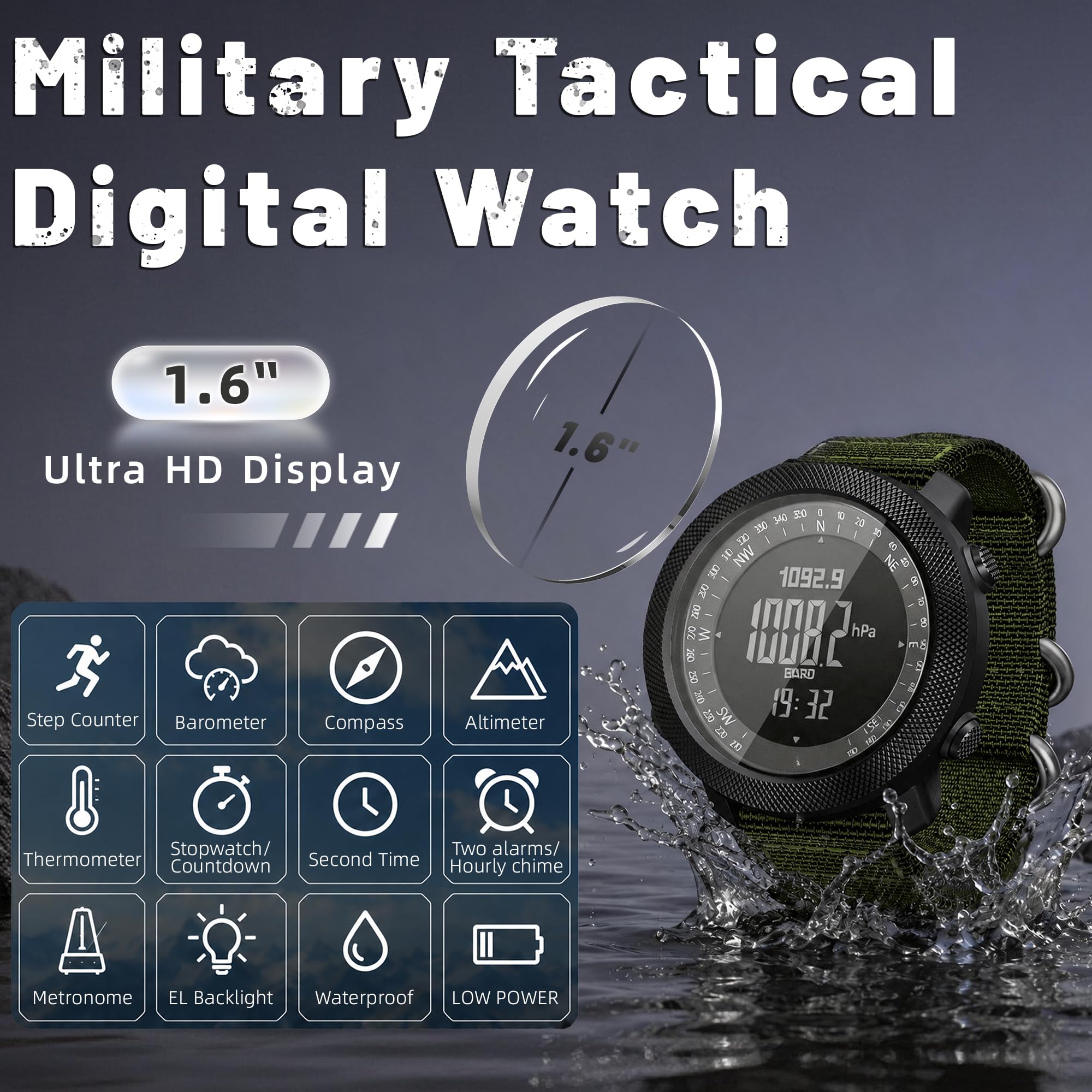 CakCity Montre numérique tactique militaire pour homme, grand cadran de 50 mm, boîtier en alliage de zinc avec bracelet en nylon double couche respirant, étanche 5 ATM, résistant aux chocs, altimètre